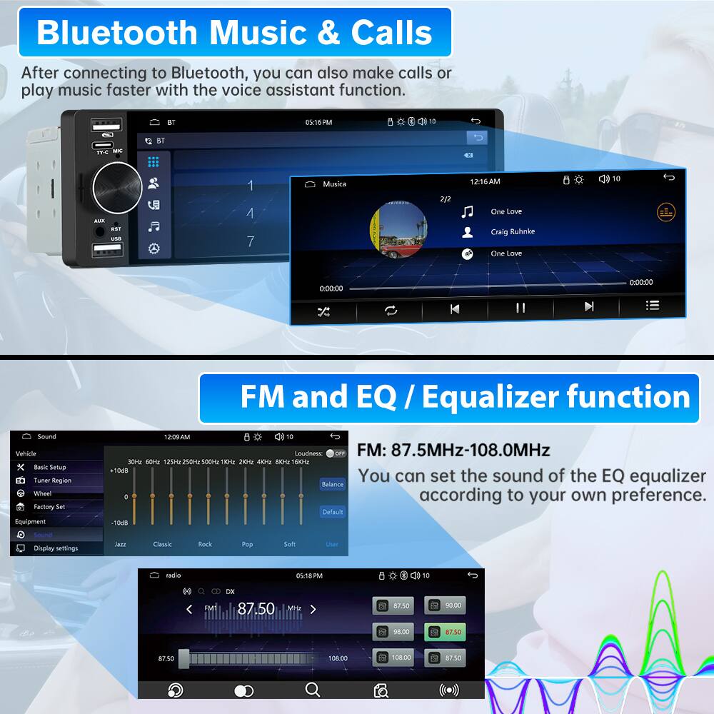 Bluetooth Music & Calls  
After connecting to Bluetooth, you can also make calls or play music faster with the voice assistant function.

FM and EQ / Equalizer function  
FM: 87.5MHz-108.0MHz  
You can set the sound of the EQ equalizer according to your own preference.