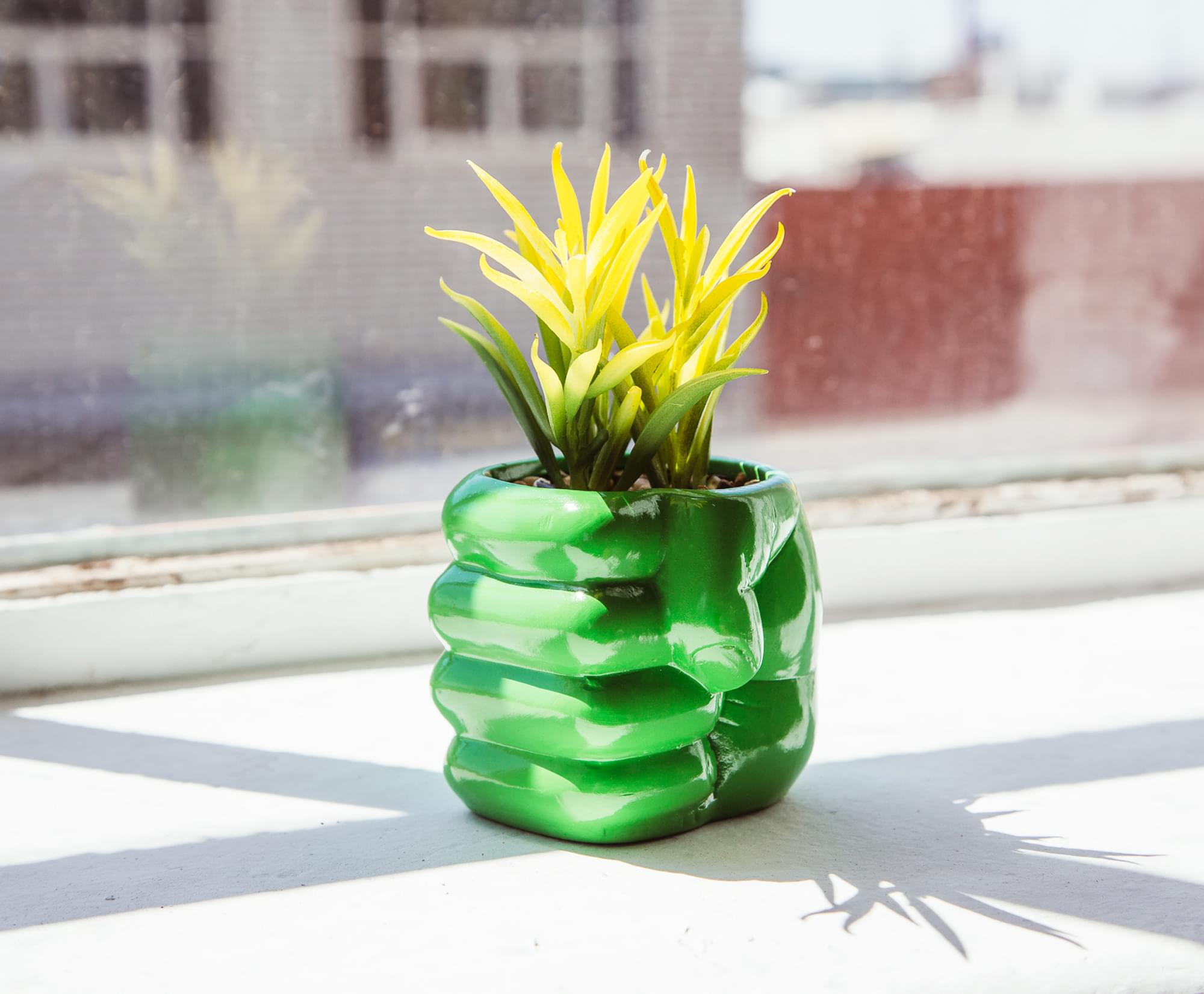 Alt View 3. Silver Buffalo - Marvel Comics Hulk Smash Hand 3-Inch Ceramic Mini Planter With Artificial Succulent - Green.