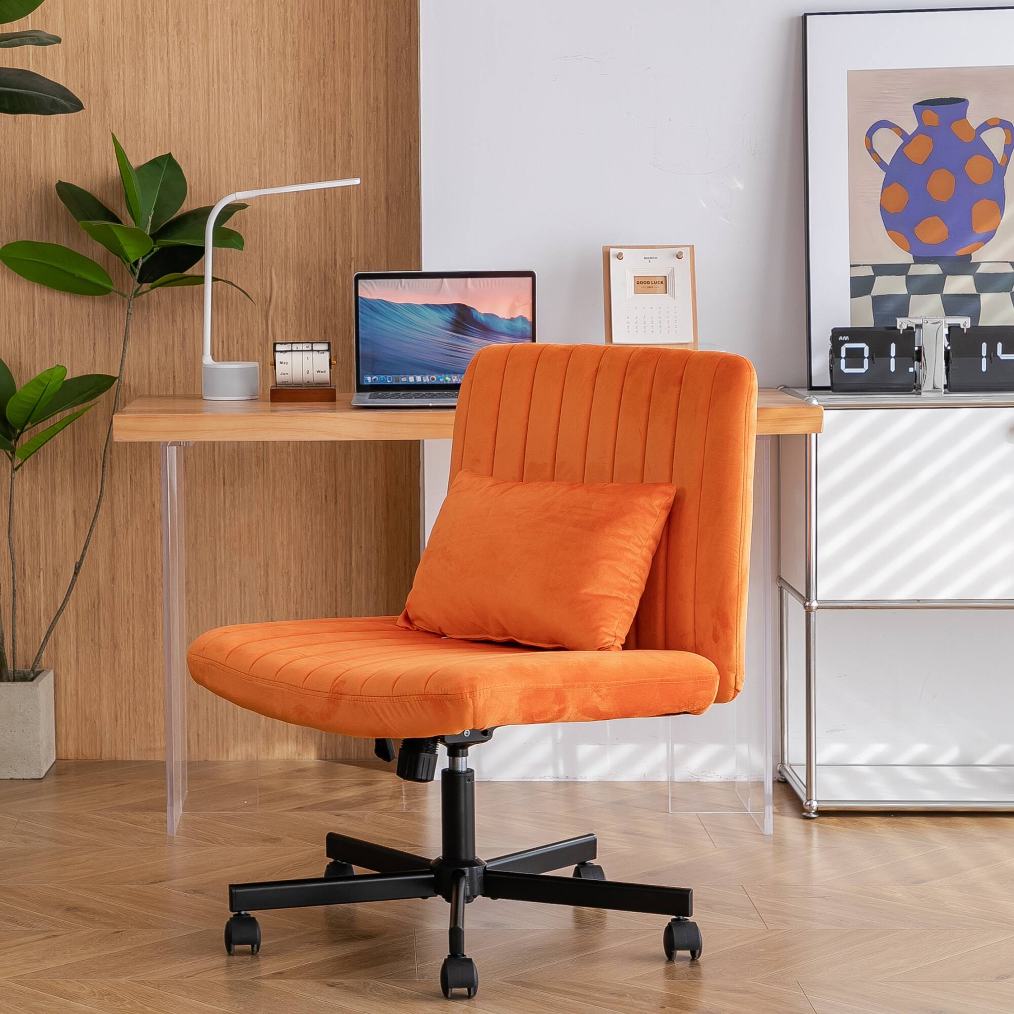 Back. GOODSILO - Linen Upholstered Ergonomic Office Chair with Adjustable Height and Tilt Mechanism for Home Workspaces - Orange.