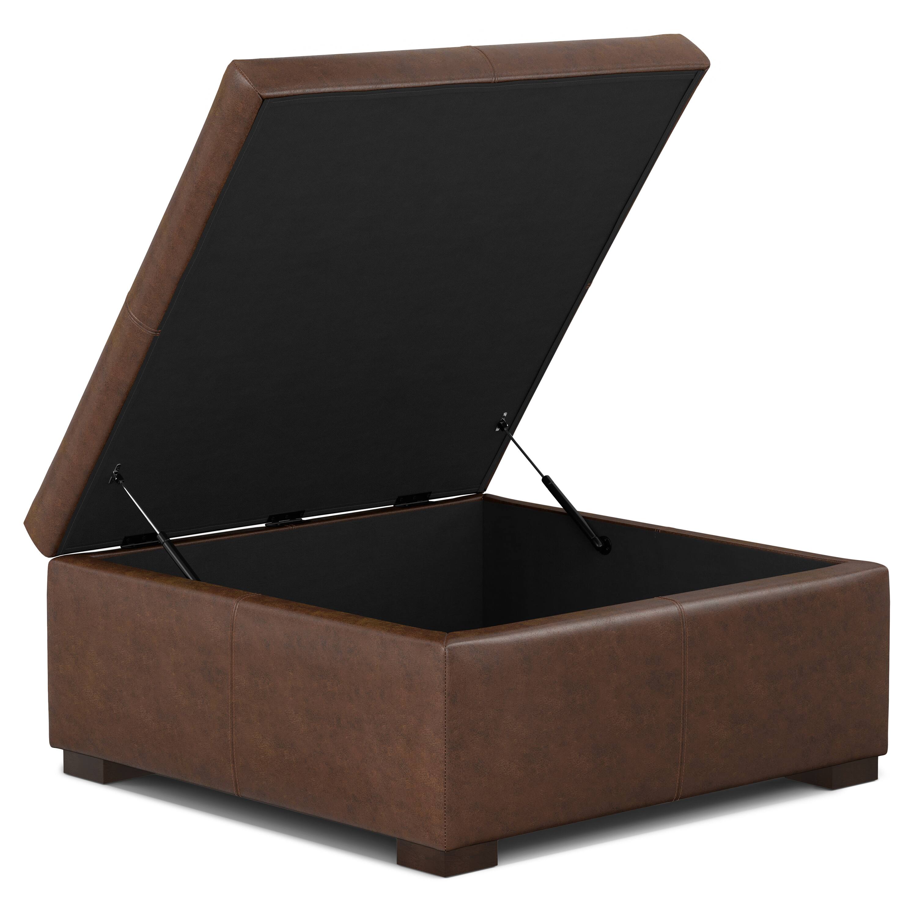 Back. Simpli Home - Gabbie 36 inch Wide Square Coffee Table Storage Ottoman in Distressed Chestnut Brown Vegan Leather - Distressed Chestnut Brown.