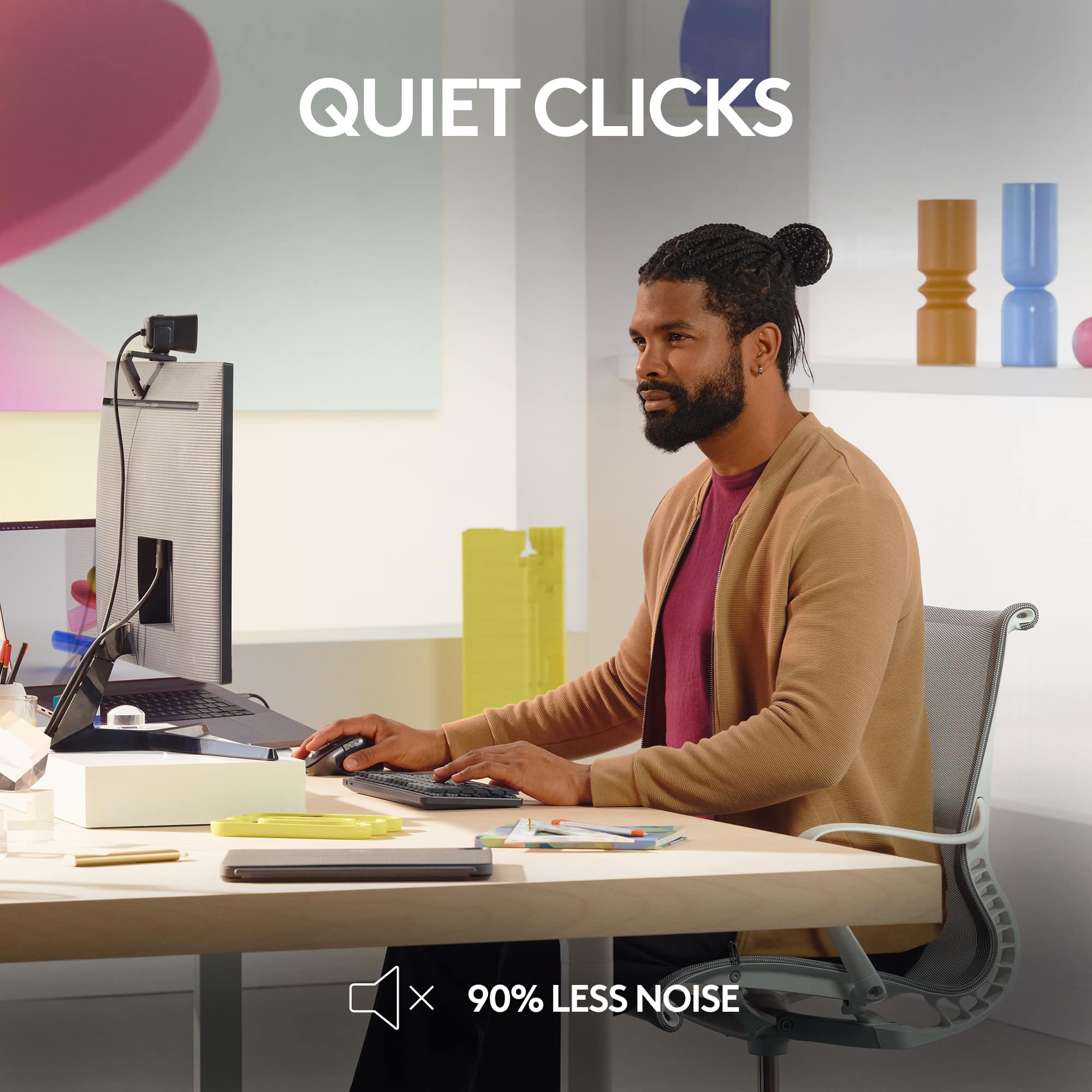 The text on the image says "QUIET CLICKS X 90% LESS NOISE."