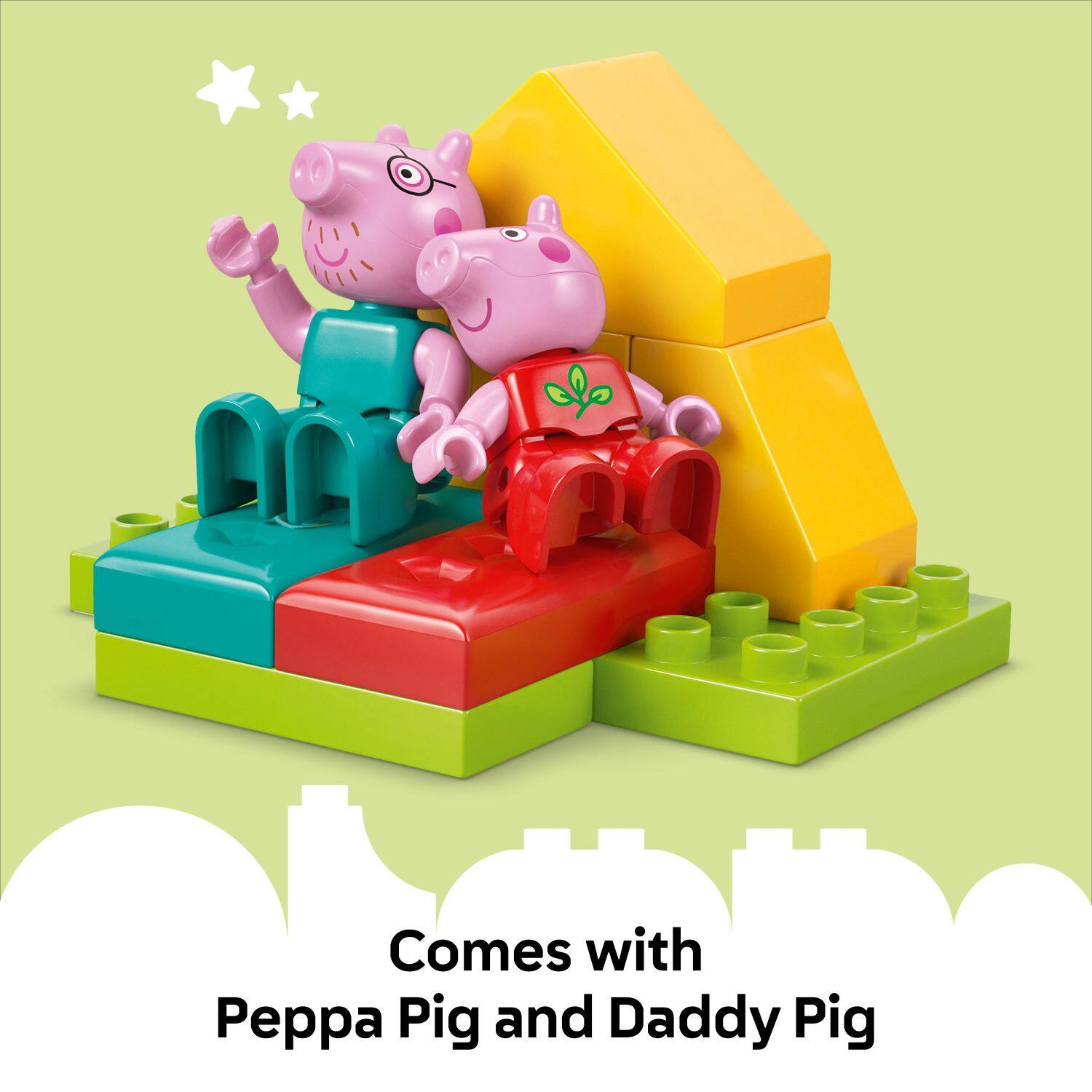 Comes with Peppa Pig and Daddy Pig.