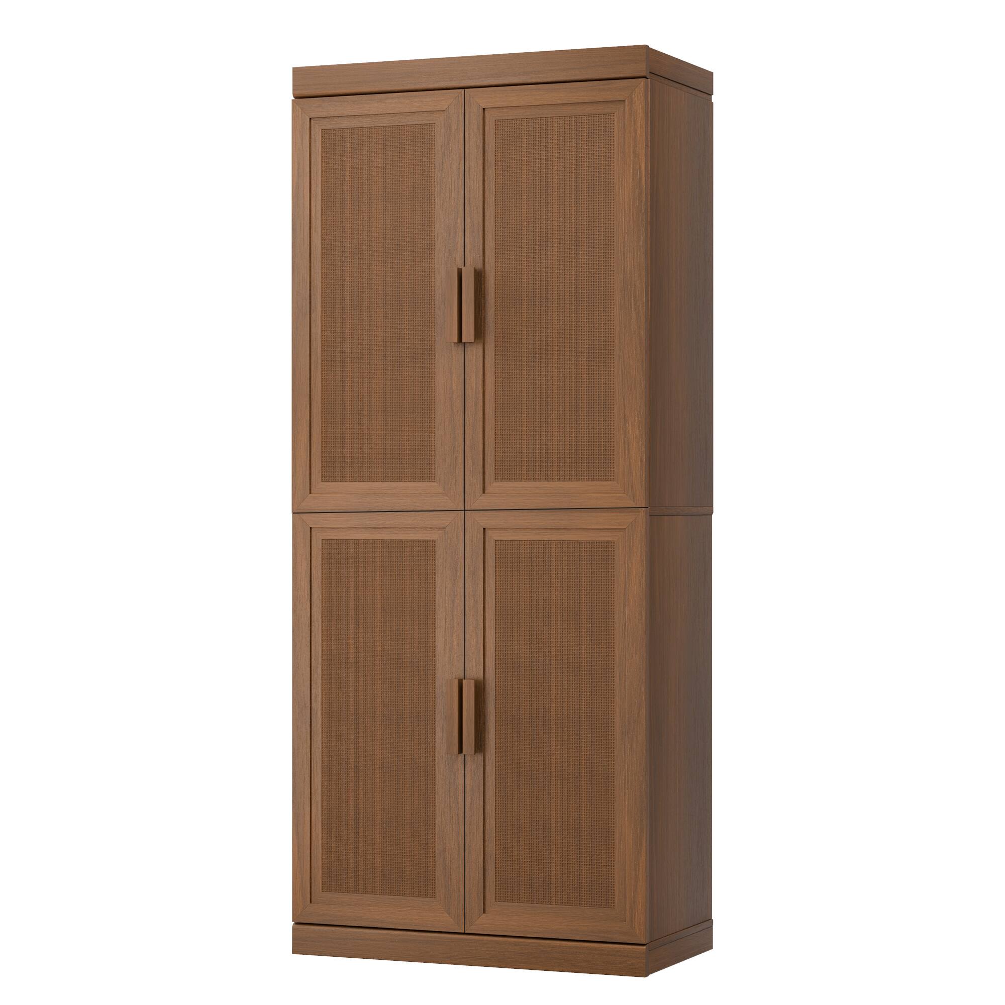 Angle. PexFix - 72" Kitchen Pantry Cabinet, Oak Freestanding Storage Cabinet with Woven Doors and Adjustable Shelves for Dining Room - Walnut.