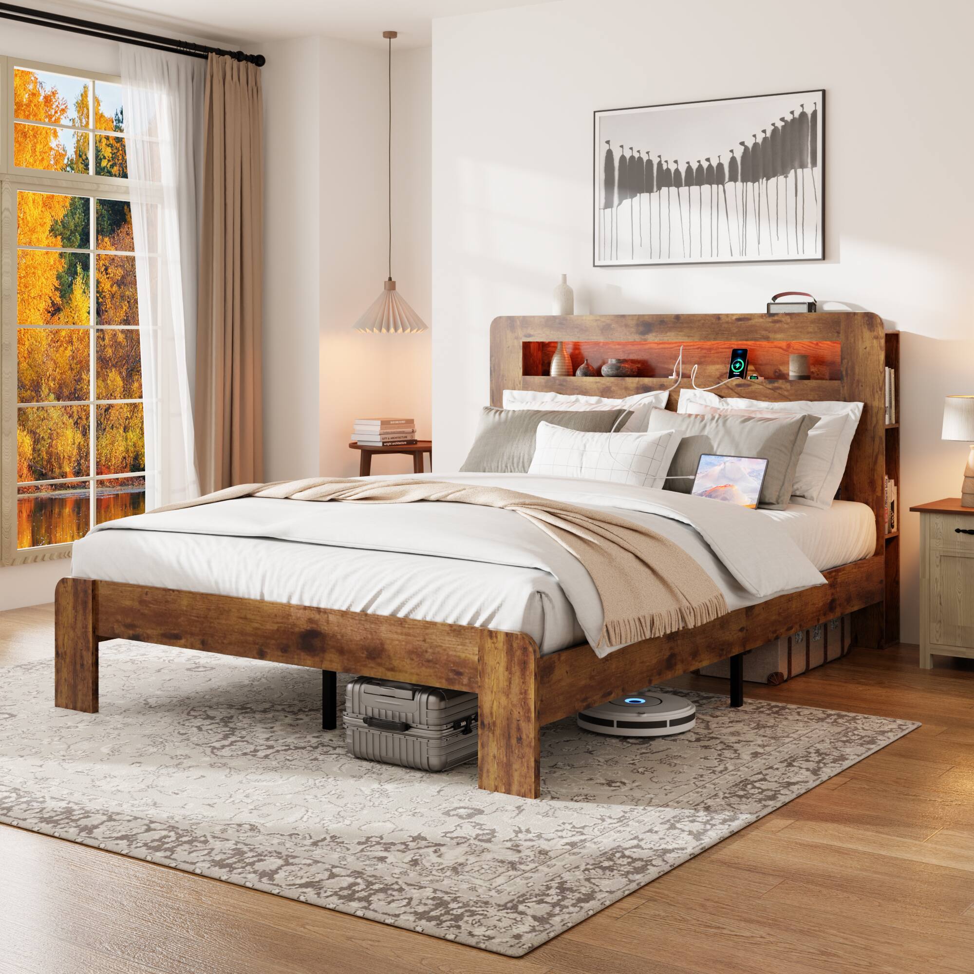 Angle. LUCKY ONE - Queen Size Bed Frame with Storage LED Light Headboard and 2 USB - Dark Brown.