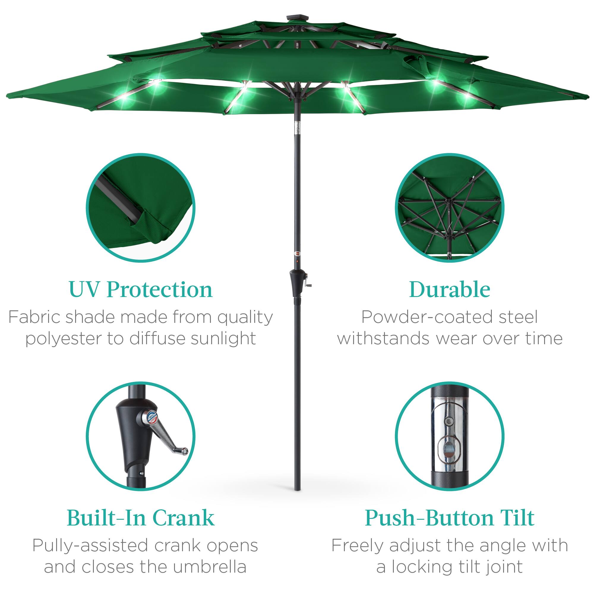 - UV Protection  
  Fabric shade made from quality polyester to diffuse sunlight

- Durable  
  Powder-coated steel withstands wear over time

- Built-In Crank  
  Pully-assisted crank opens and closes the umbrella

- Push-Button Tilt  
  Freely adjust the angle with a locking tilt joint