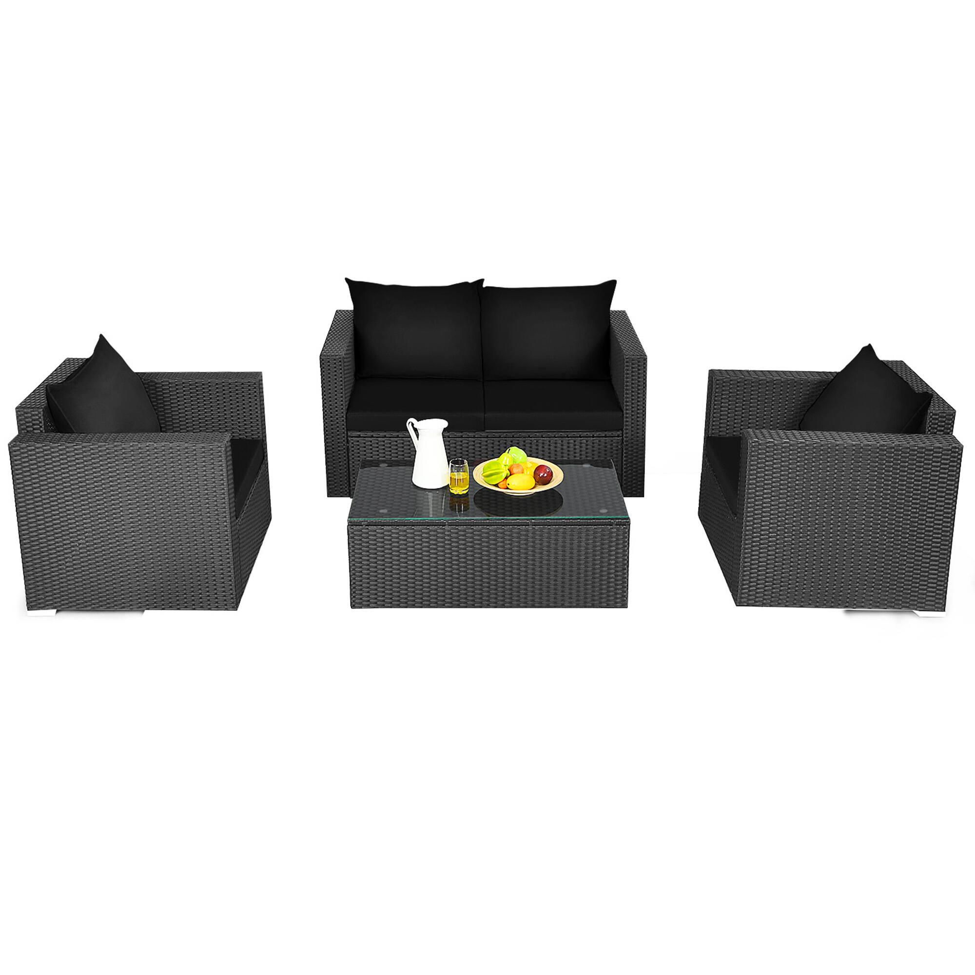 Alt View 4. Gymax - Gymax 4PCS Rattan Patio Conversation Set Outdoor Furniture Set w/ Black Cushions - Black.
