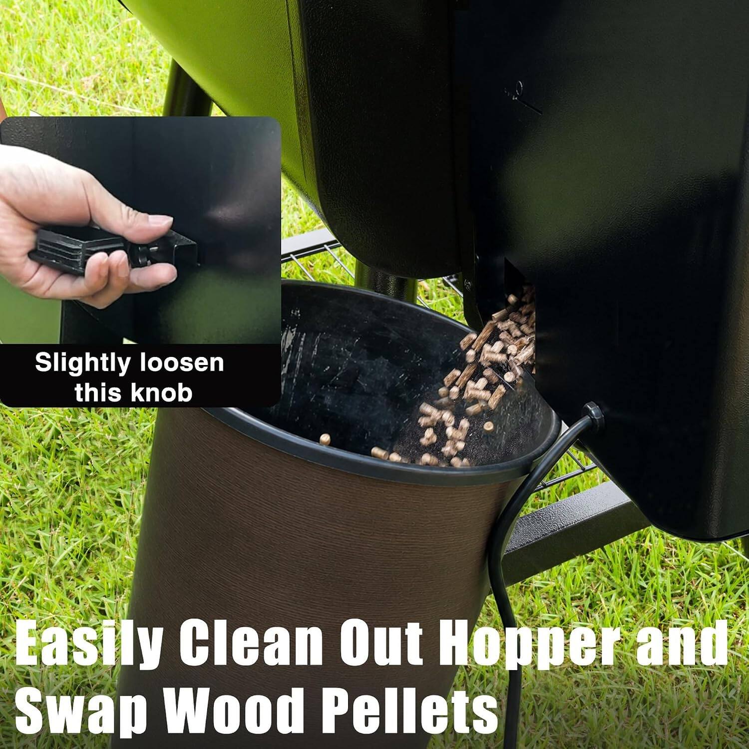 Slightly loosen this knob

Easily Clean Out Hopper and Swap Wood Pellets