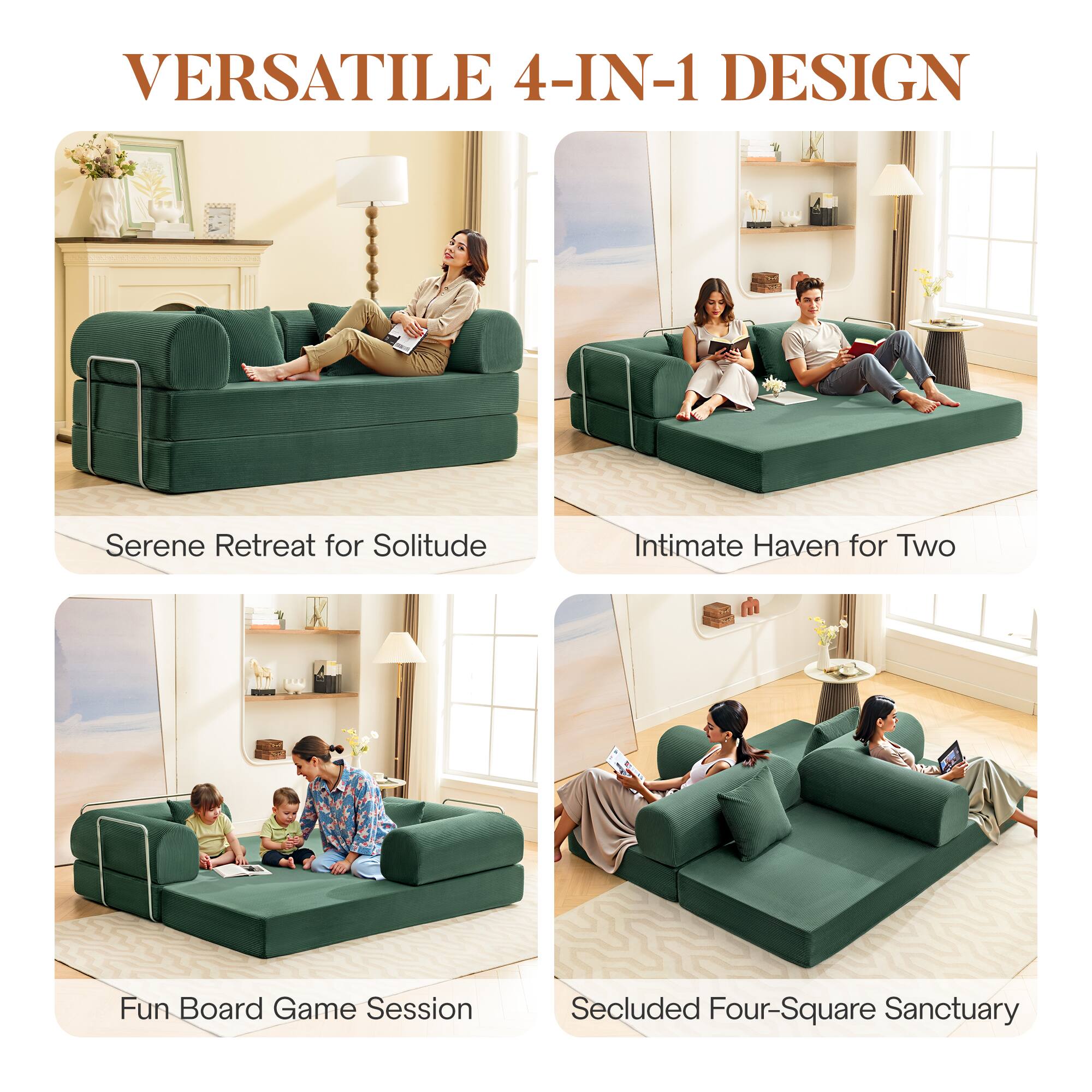 VERSATILE 4-IN-1 DESIGN

- Serene Retreat for Solitude
- Intimate Haven for Two
- Fun Board Game Session
- Secluded Four-Square Sanctuary