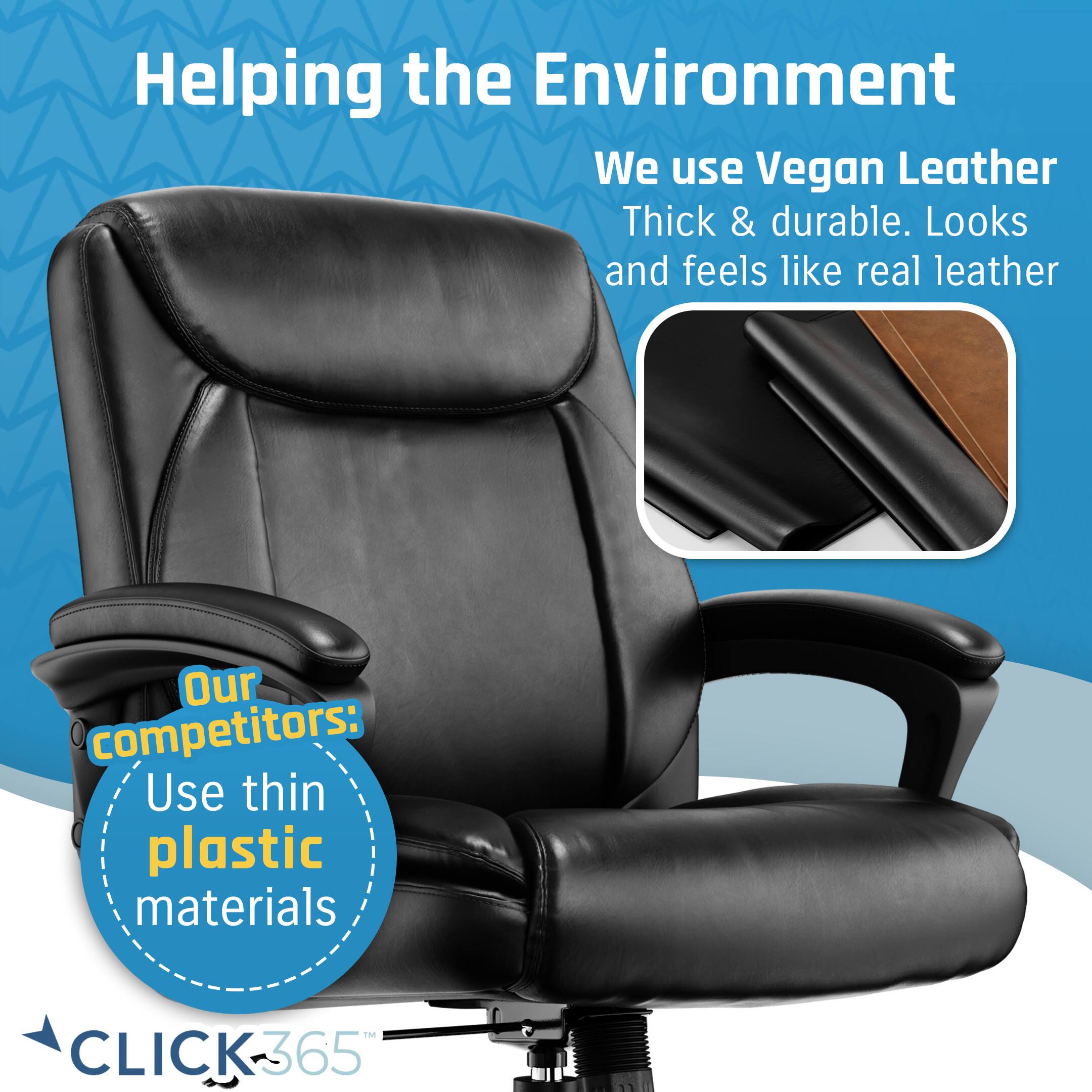 The image features a black office chair with a leather-like seat. The chair is described as being made from vegan leather, which is thick and durable. The advertisement emphasizes the use of vegan leather as an environmentally friendly alternative to traditional plastic materials. The chair is shown in a close-up view, highlighting its design and materials.