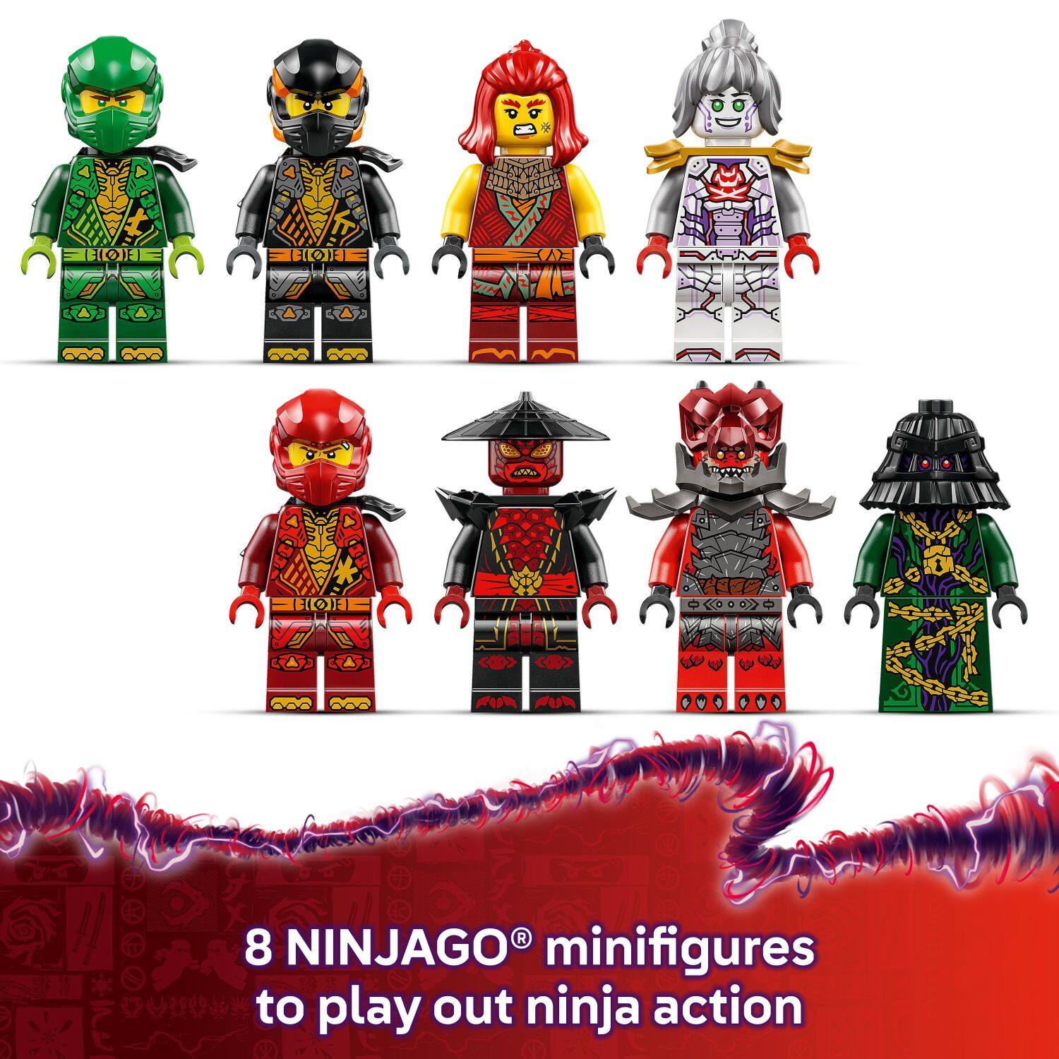 8 NINJAGO minifigures to play out ninja action.