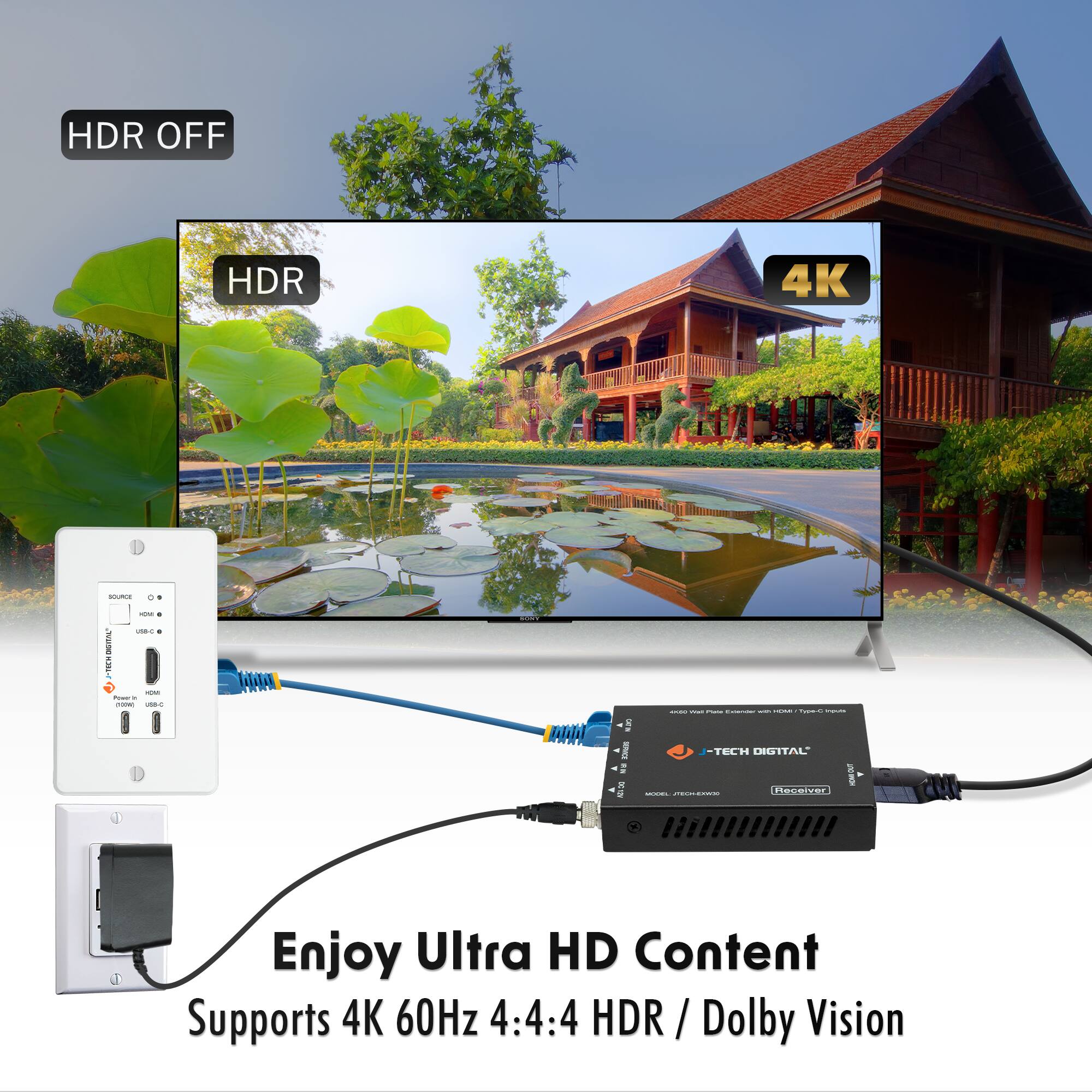 HDR OFF  
HDR  
4K  

Enjoy Ultra HD Content  
Supports 4K 60Hz 4:4:4 HDR / Dolby Vision  

J-TECH DIGITAL  
4K 60Hz HDMI 2.0 Type-C Receiver