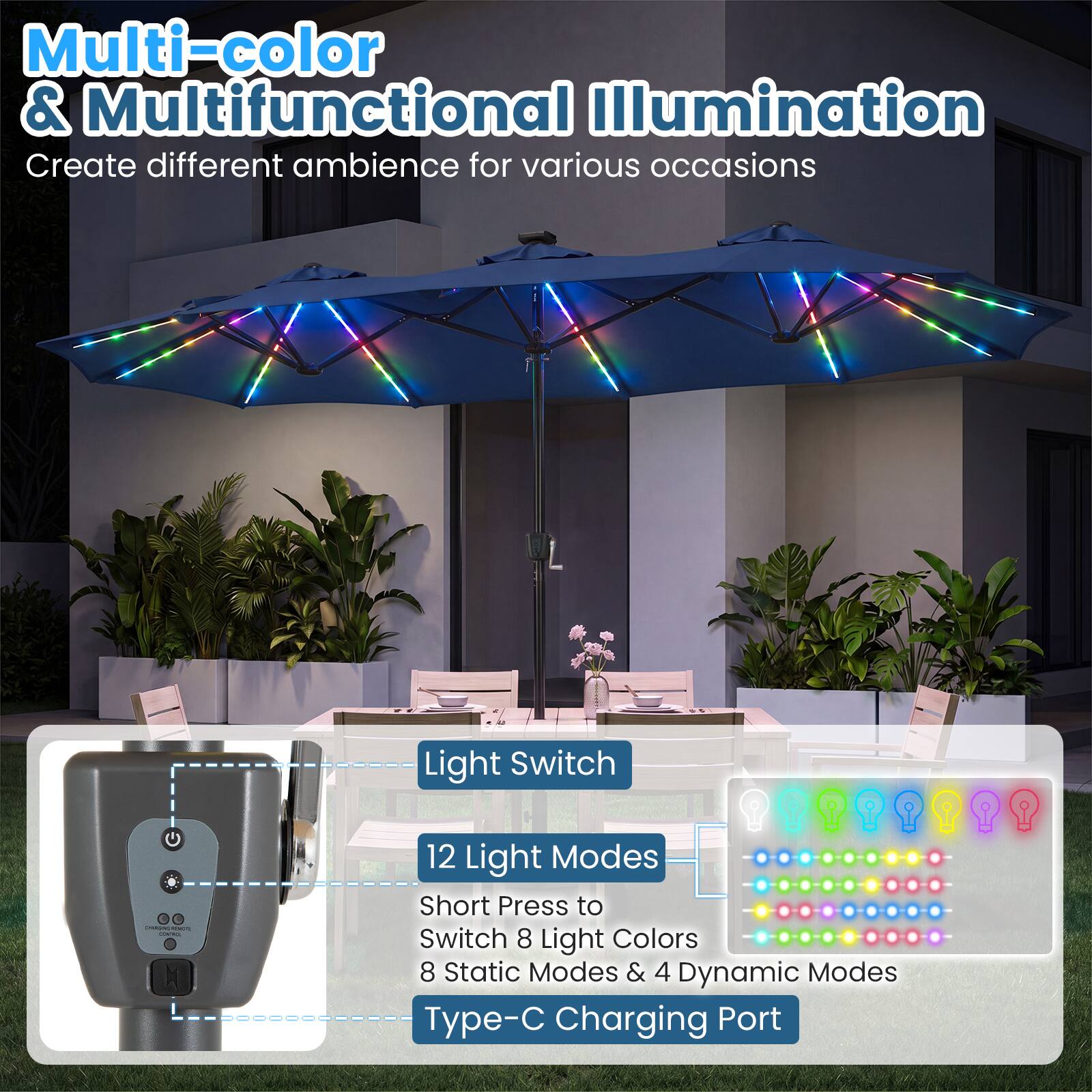 Multi-color & Multifunctional Illumination  
Create different ambience for various occasions  

CHANNEL CONTROL  
Light Switch  
12 Light Modes  
Short Press to Switch 8 Light Colors  
8 Static Modes & 4 Dynamic Modes  
Type-C Charging Port