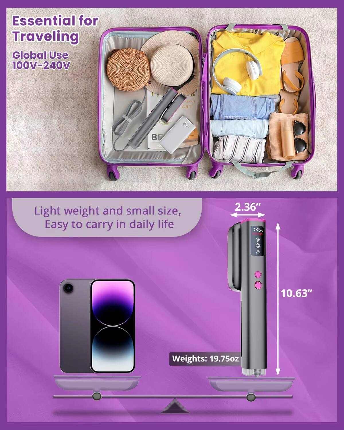 Essential for Traveling  
Global Use 100V-240V  

Light weight and small size, Easy to carry in daily life  

2.36"  
10.63"  

Weights: 19.75oz