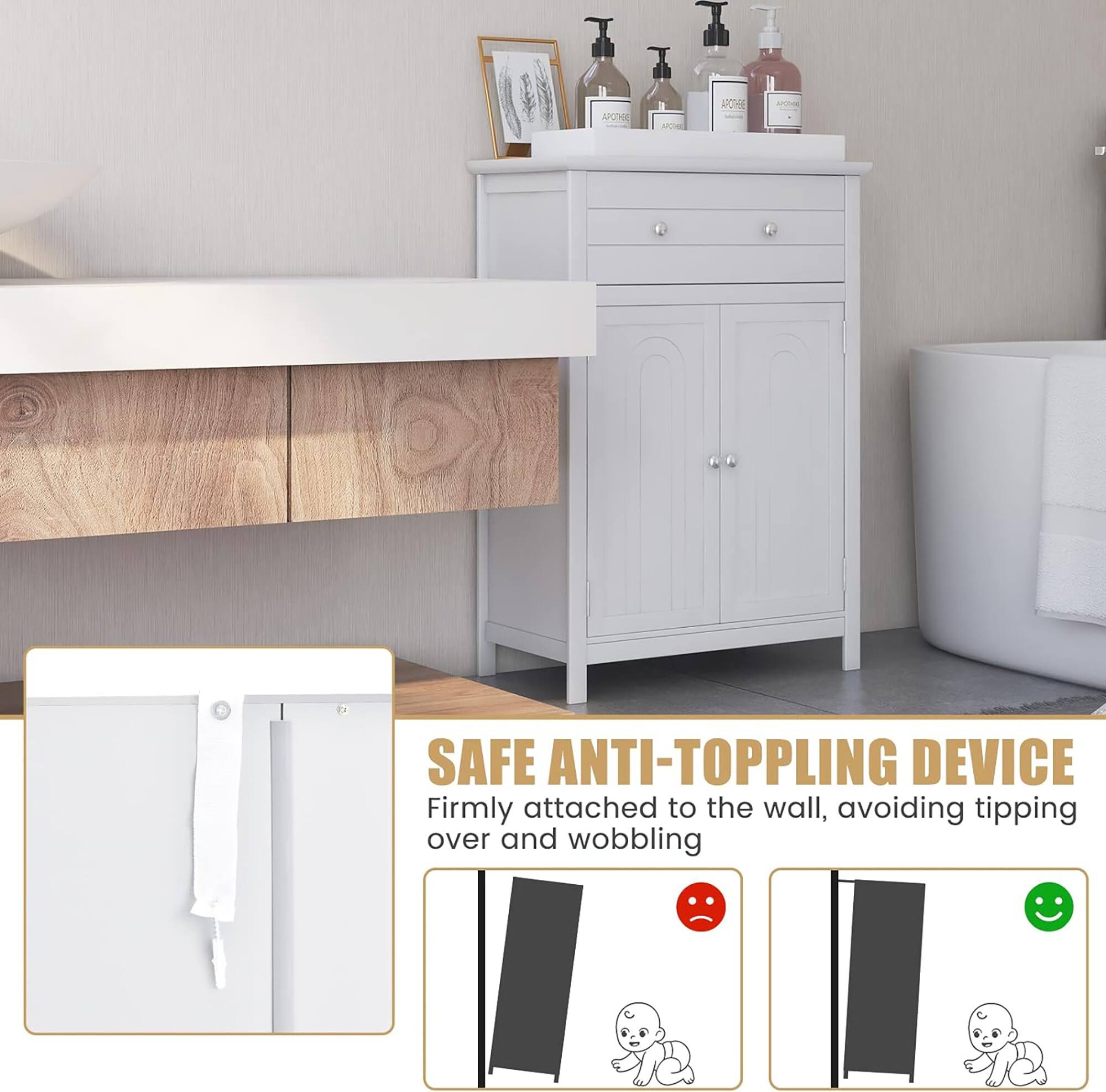 SAFE ANTI-TOPPLING DEVICE  
Firmly attached to the wall, avoiding tipping over and wobbling