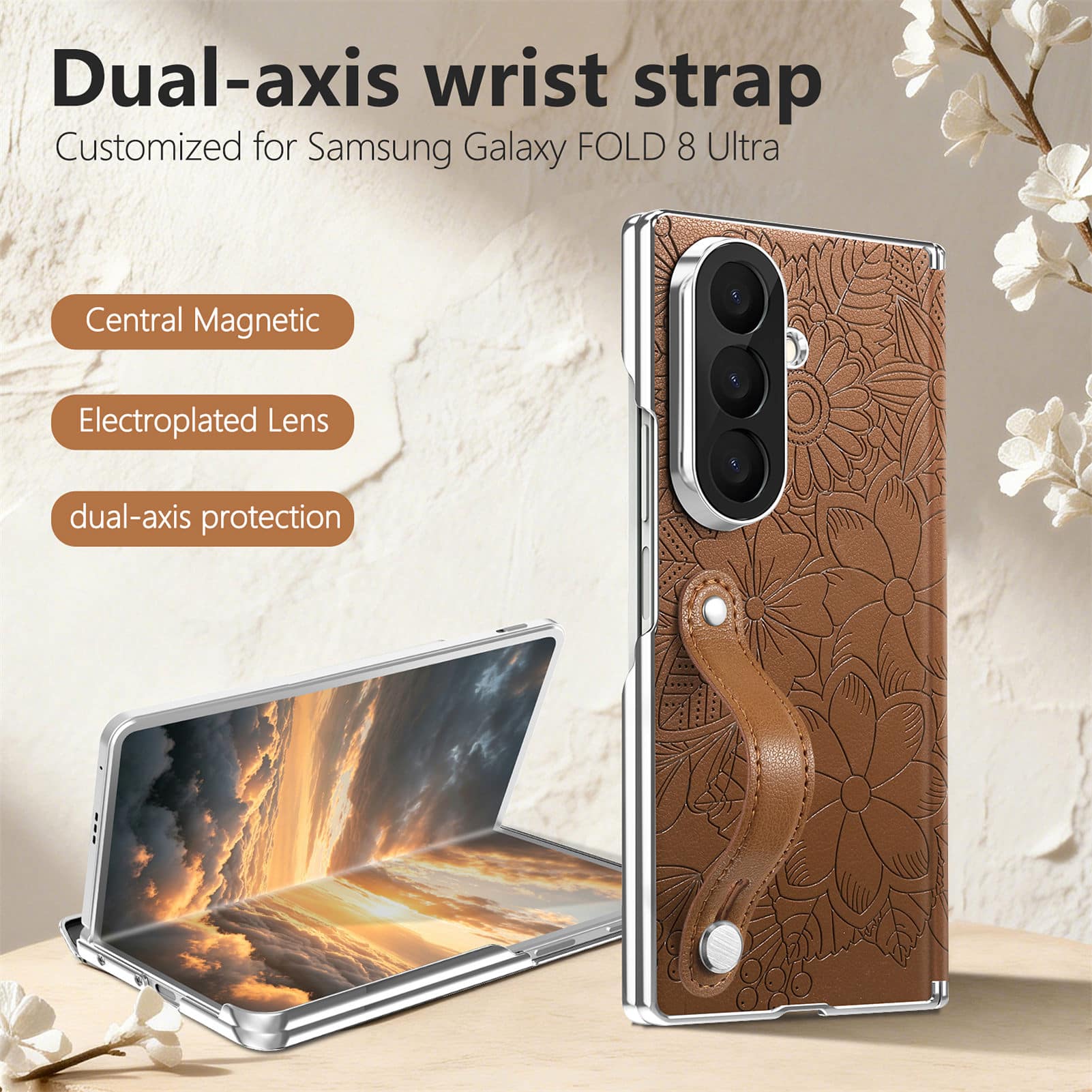 Dteck - Shockproof Case for Samsung Galaxy Z Fold8 Ultra with Wristband, Floral Leather Texture Rigid Plastic Hinge Phone Cover - Brown price history on PriceWatchPro