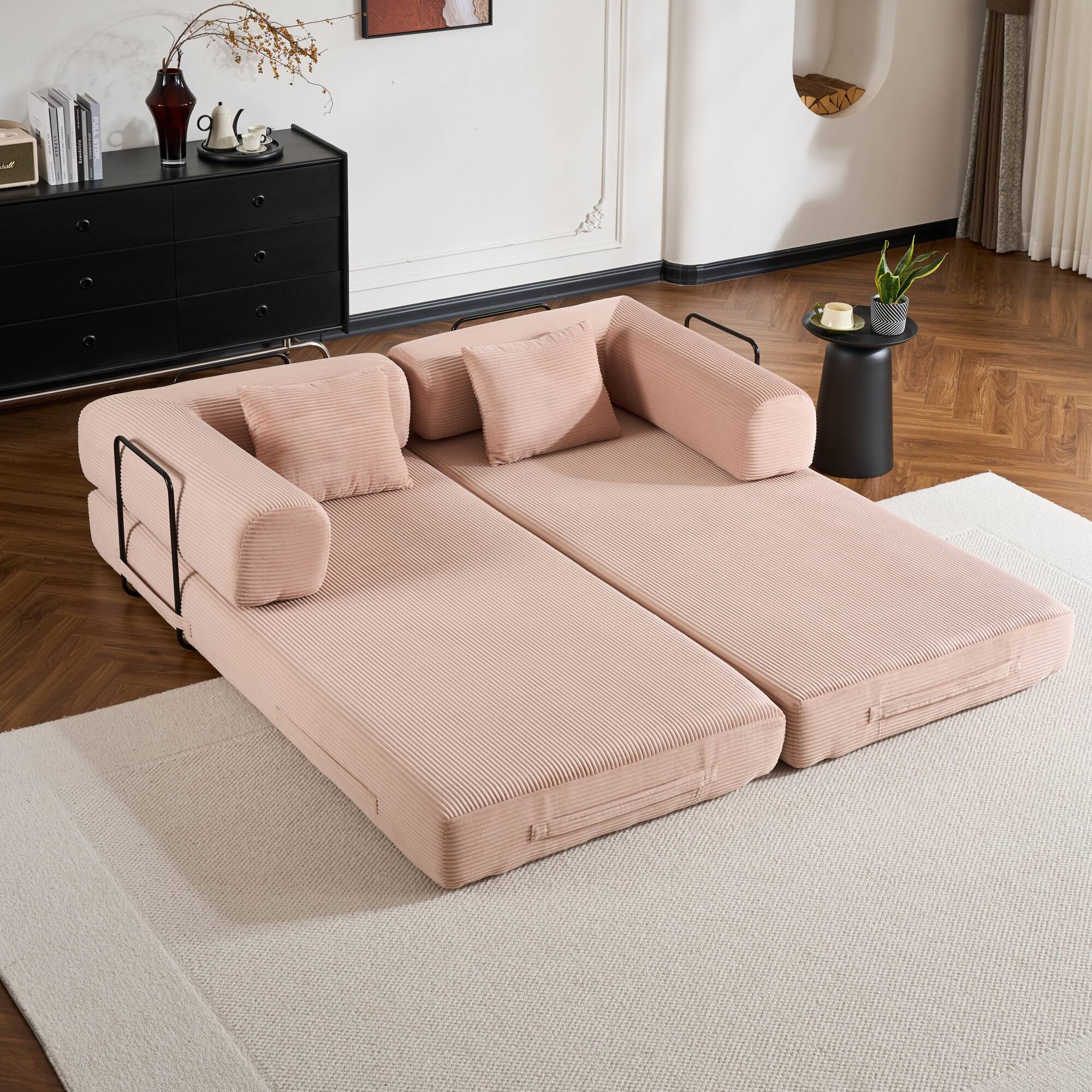 Alt View 2. GOODSILO - Convertible Sleeper Sofa in Cylindroy Fabric | Features a Cylindrical Pillow & Space-Saving Foldable Design - Pink.