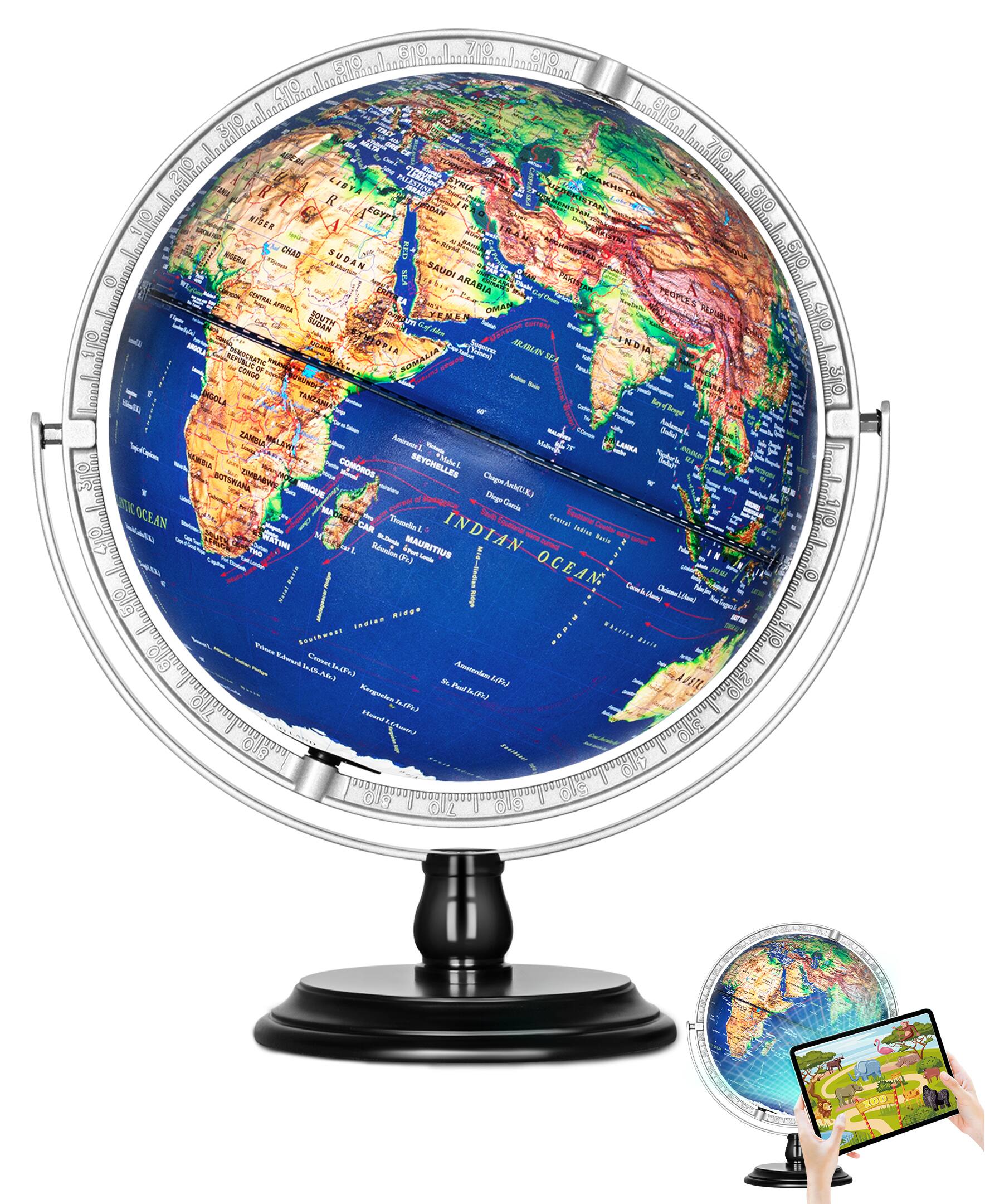 Sugift - 13-Inch Raised Relief Light-Up Globe with AR App – Interactive LED Educational World Globe for Kids