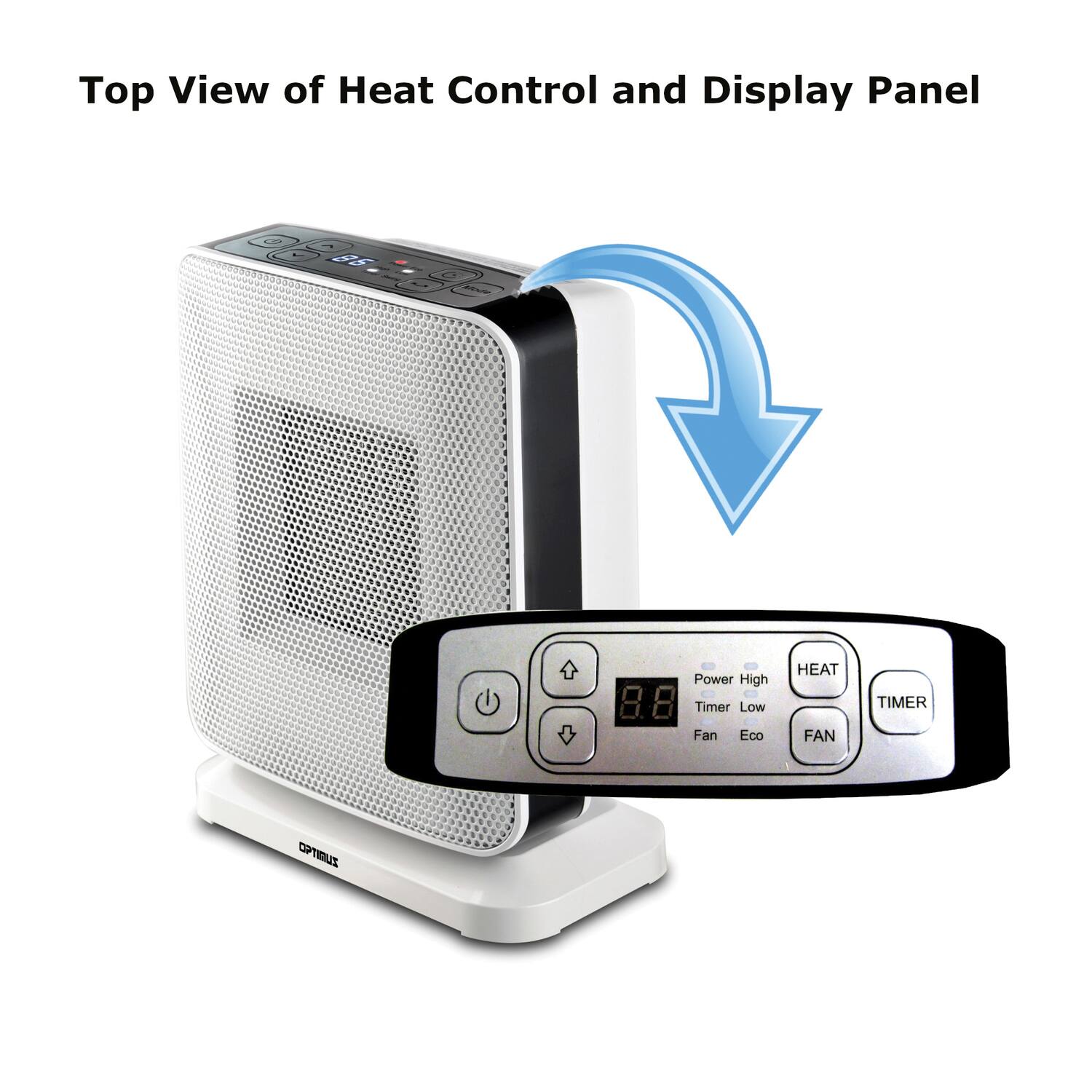 Top View of Heat Control and Display Panel

Power High  
Timer Low  
Fan Eco  

HEAT  
FAN  
TIMER  

OPTIMUS