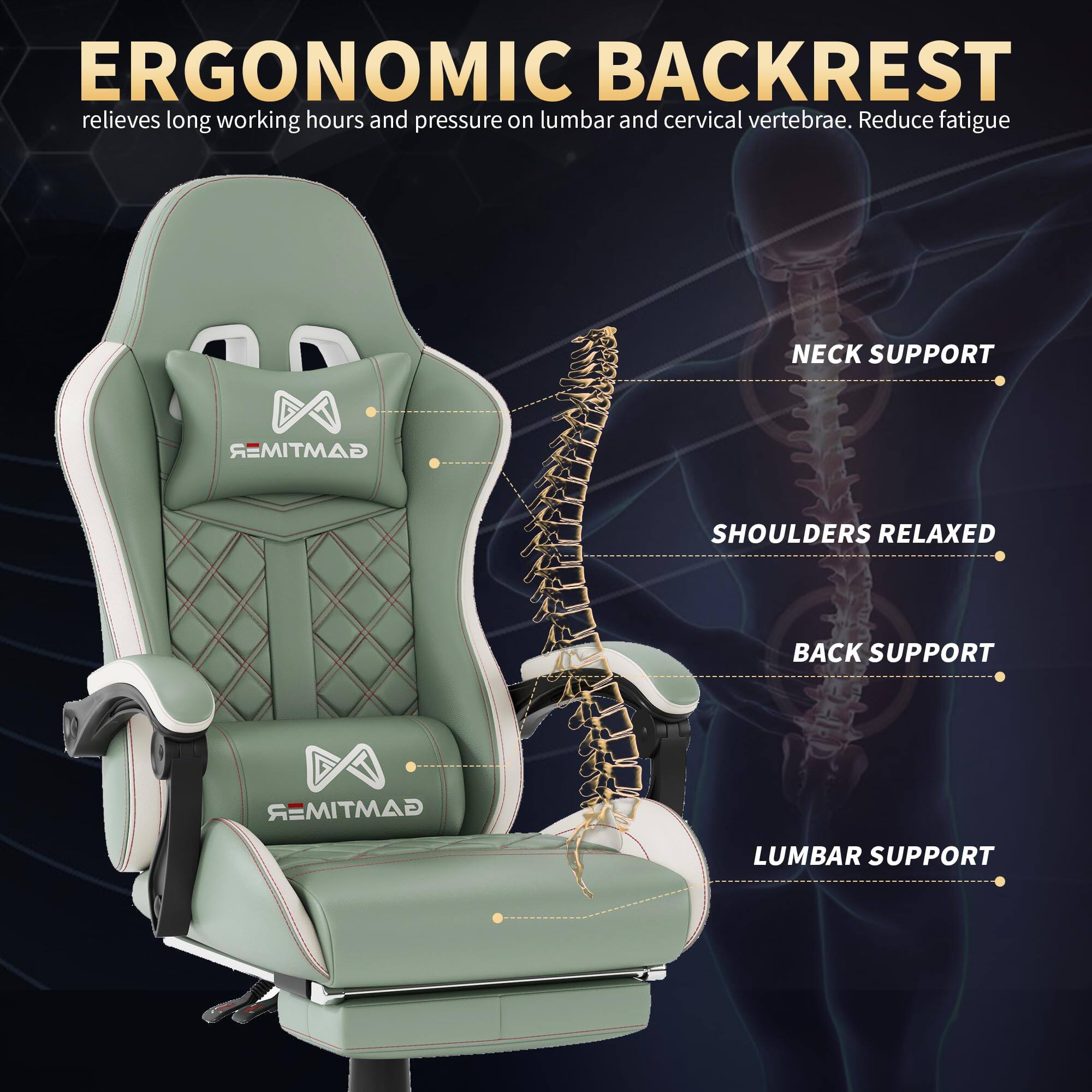 ERGONOMIC BACKREST  
relieves long working hours and pressure on lumbar and cervical vertebrae. Reduce fatigue

- NECK SUPPORT
- SHOULDERS RELAXED
- BACK SUPPORT
- LUMBAR SUPPORT