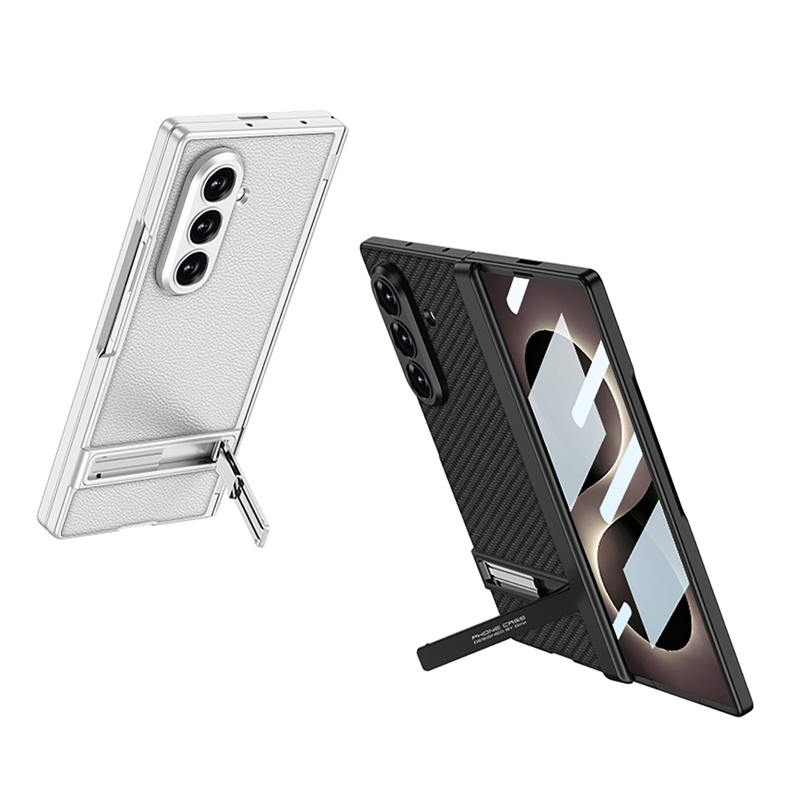 Left. Dteck - Shockproof Leather Texture Case for Samsung Galaxy Z Fold8 Ultra with Stand, Rigid Plastic Cover Built in Screen Film - Silver.