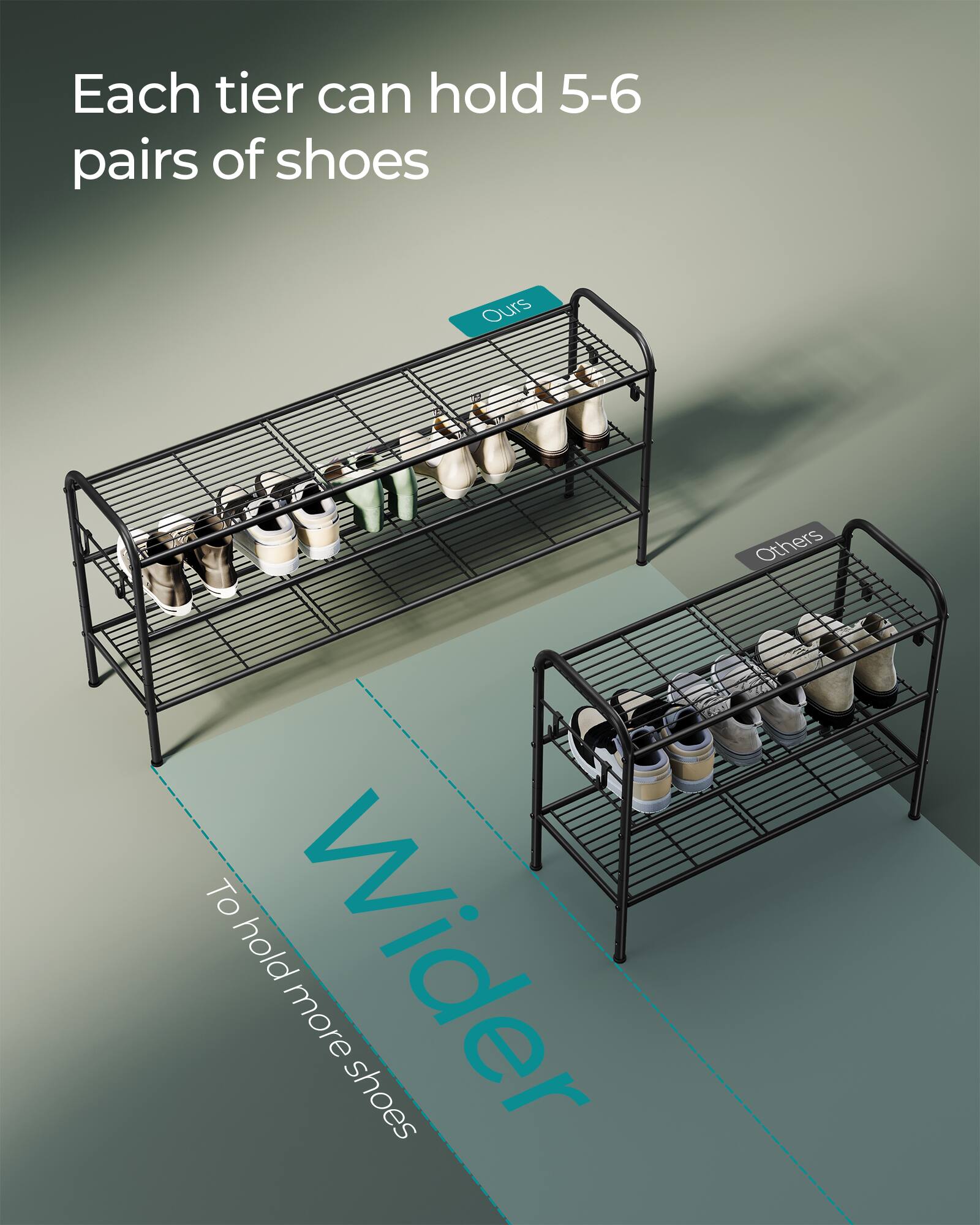 Each tier can hold 5-6 pairs of shoes

Ours

Others

Wider

To hold more shoes