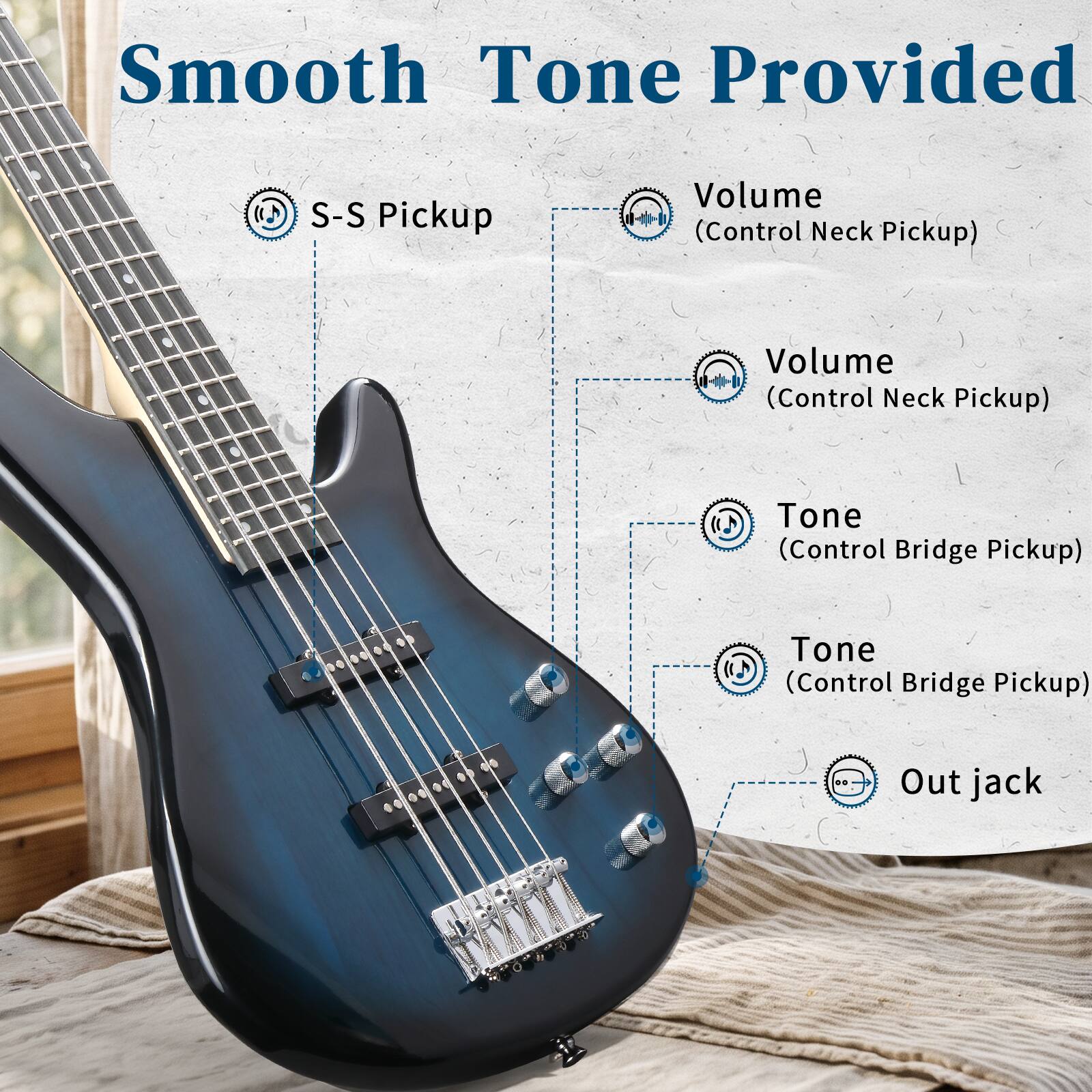 Smooth Tone Provided  
S-S Pickup  
Volume (Control Neck Pickup)  
Volume (Control Neck Pickup)  
Tone (Control Bridge Pickup)  
Tone (Control Bridge Pickup)  
Out jack