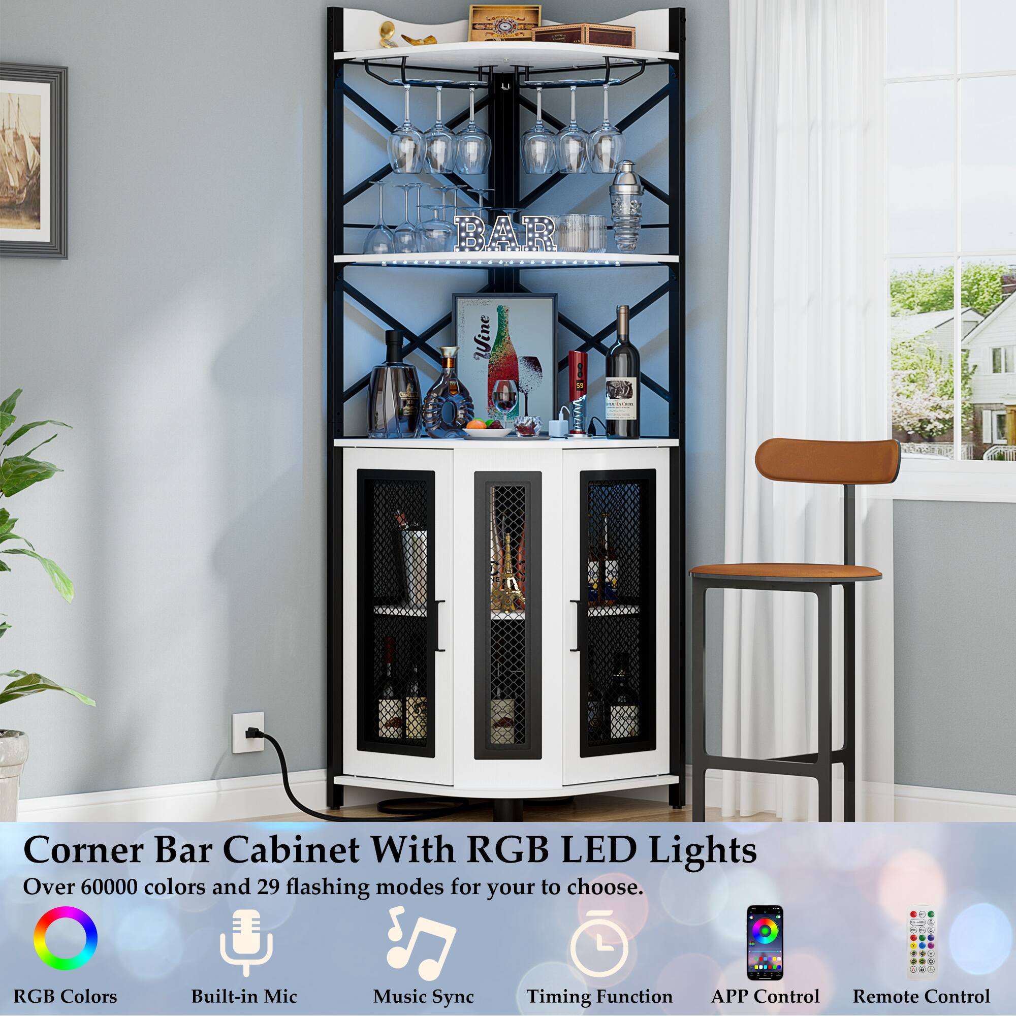 Corner Bar Cabinet With RGB LED Lights  
Over 60000 colors and 29 flashing modes for you to choose.  

RGB Colors  
Built-in Mic  
Music Sync  
Timing Function  
APP Control  
Remote Control