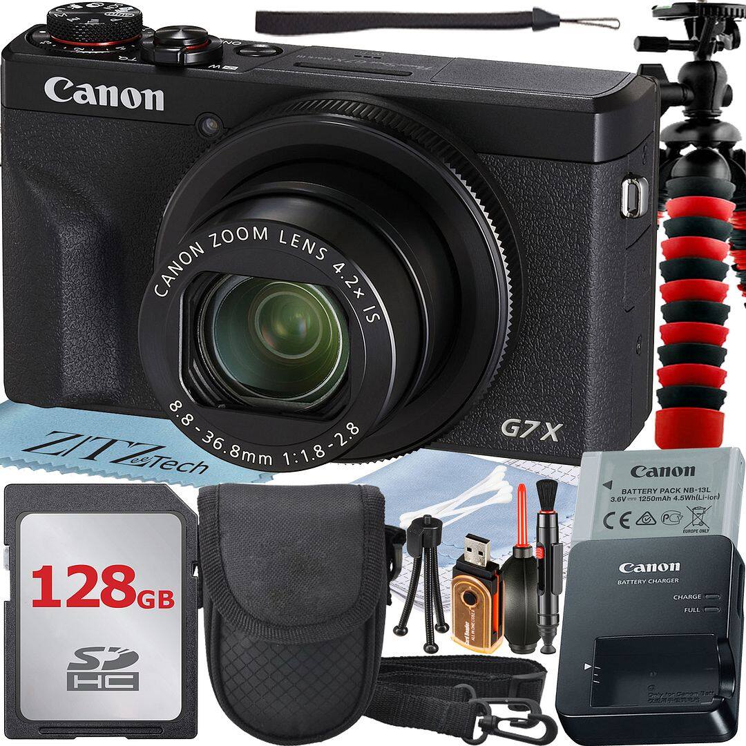 Canon Zoom Lens 4.2x IS  
8.8-36.8mm 1:1.8-2.8  
Canon G7X  
Canon Battery Pack NB-13L 3.6V 1250mAh 4.5Wh Li-ion  
Canon Battery Charger  
128GB SDHC Card  
ZITZ Tech