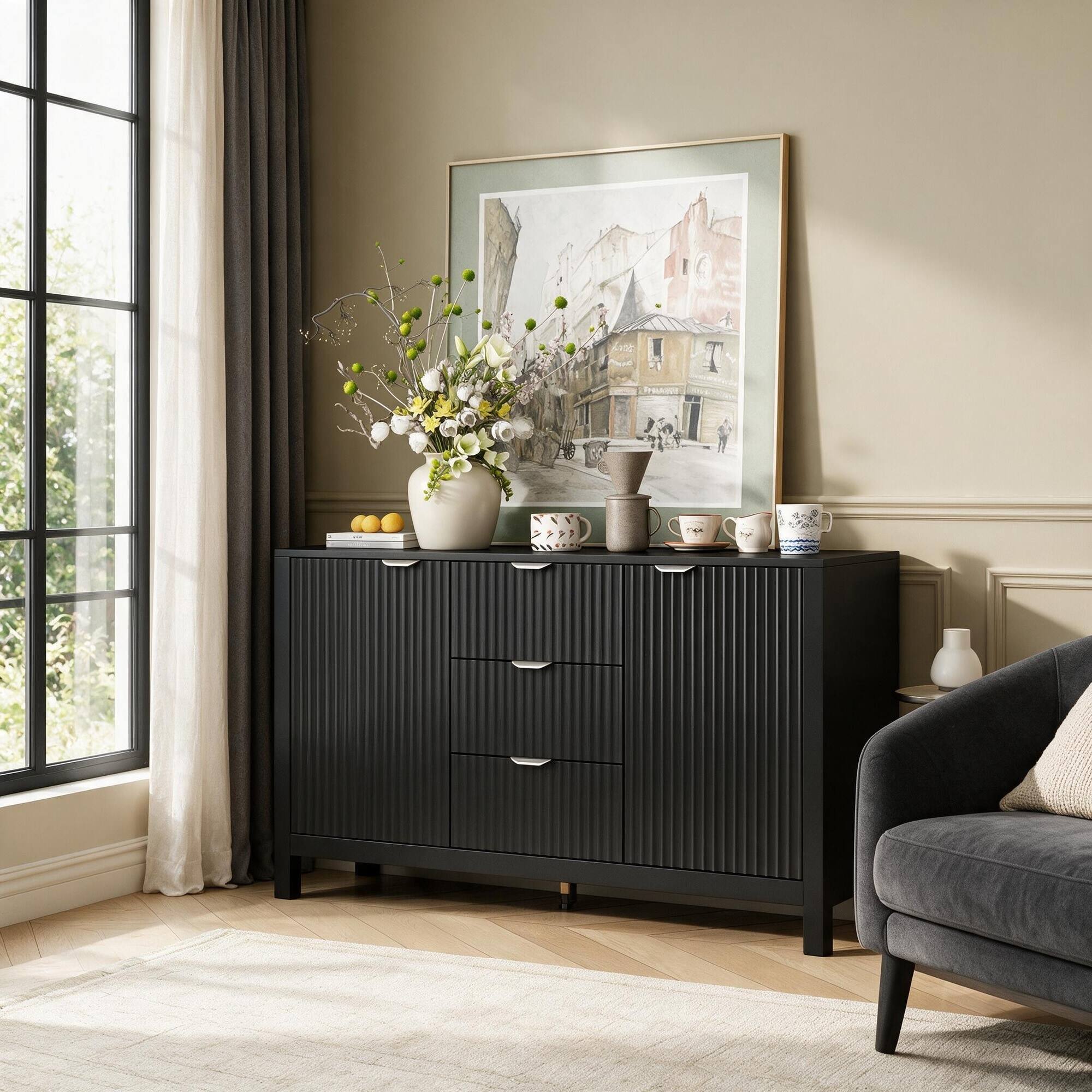 Back. RYHNUYNE - Freestanding Sideboard with 3 Adjustable Shelves, 3 Drawers and Soft-Close Doors, Storage Console Table - Black.