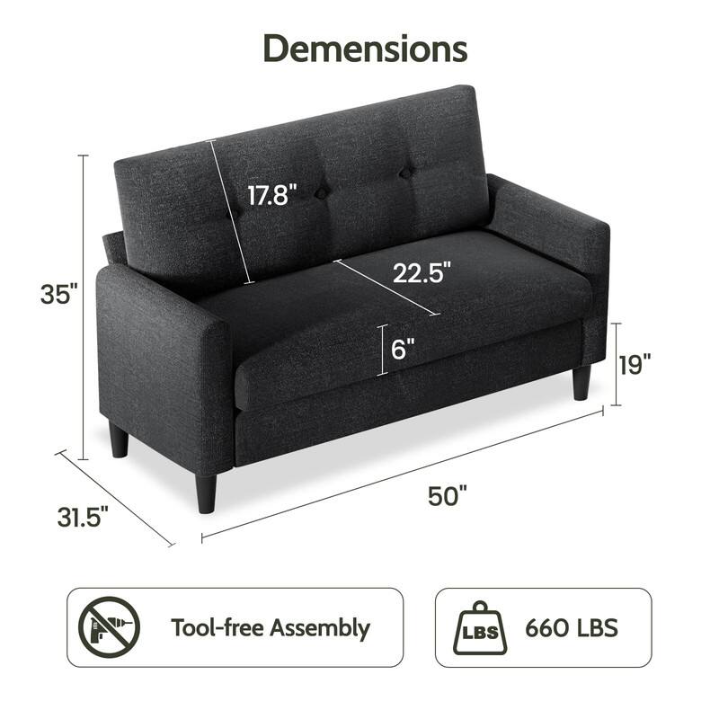 Dimensions:  
- Height: 35"  
- Width: 50"  
- Depth: 31.5"  
- Seat Height: 17.8"  
- Seat Depth: 22.5"  
- Armrest Height: 19"  
- Back Height: 6"  

Tool-free Assembly  
Weight Capacity: 660 LBS