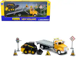 New Ray - Peterbilt Roll-Off Flatbed Truck with New Holland L228 Skid Steer and Road Signs 1/43 "New Holland Construction" - Yellow