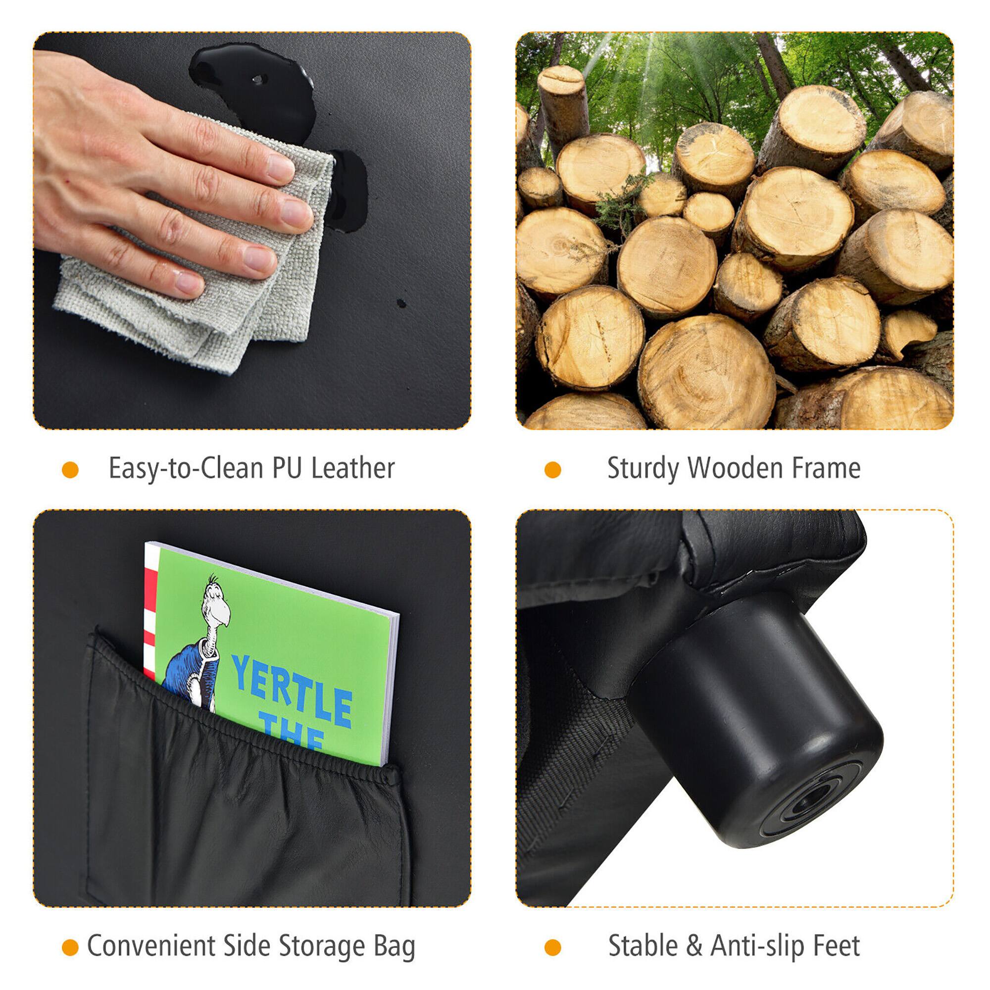 - Easy-to-Clean PU Leather
- Sturdy Wooden Frame
- Convenient Side Storage Bag
- Stable & Anti-slip Feet