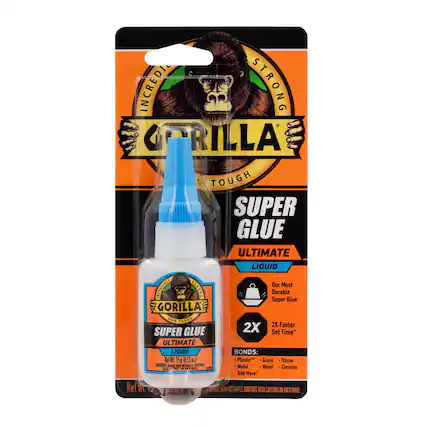 INCREDIBLY STRONG GORILLA TOUGH SUPER GLUE ULTIMATE LIQUID
Our Most Durable Super Glue
2X Faster Set Time*
ULTIMATE LIQUID
BONDS:
- Plastic
- Glass
- Stone
- Metal
- Wood
- Ceramic
And More!
Net Wt. 15g (0.53 oz)
DANGER: SKIN IRRITANT. READ CAUTIONS ON BACK PANEL.