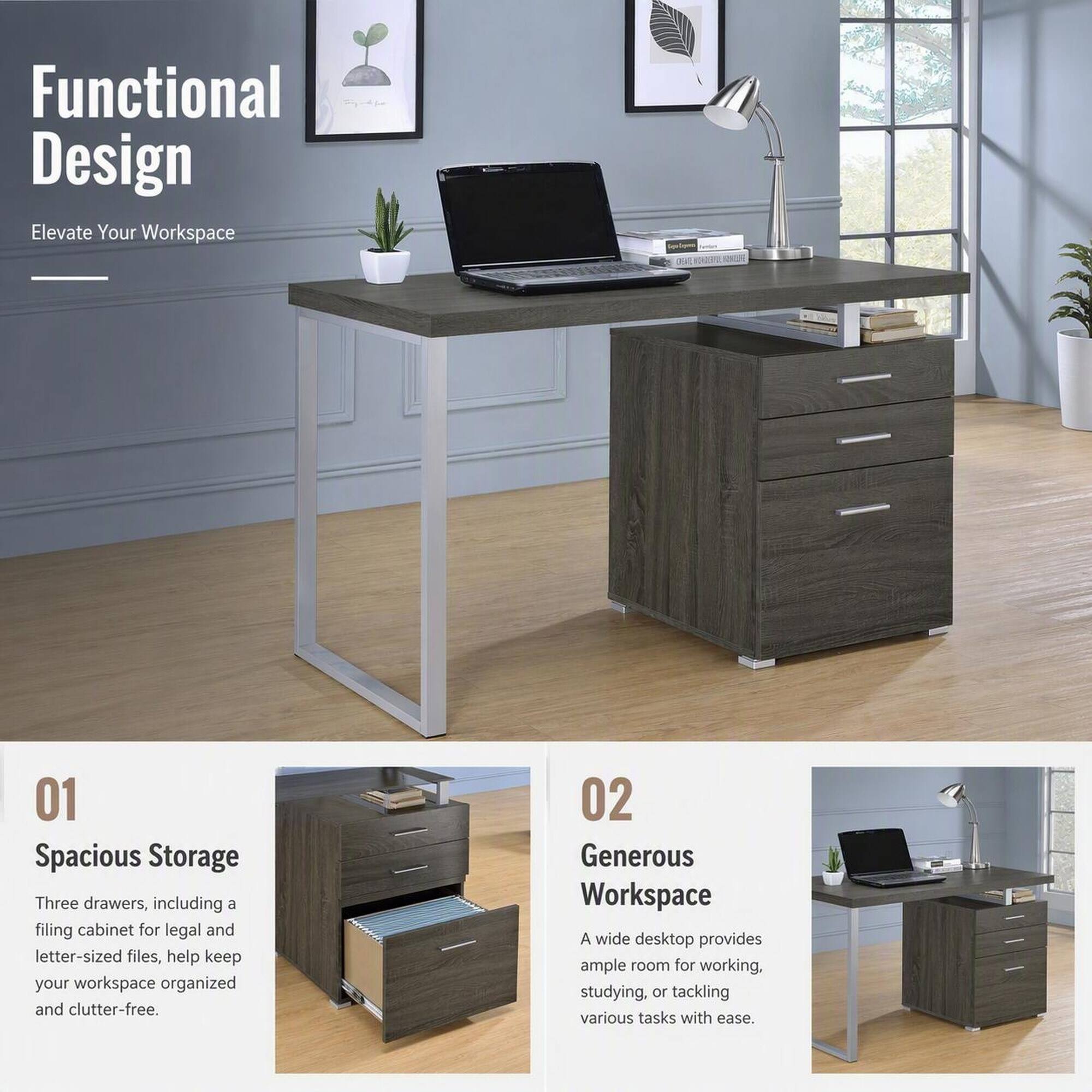 Functional Design  
Elevate Your Workspace

01 Spacious Storage  
Three drawers, including a filing cabinet for legal and letter-sized files, help keep your workspace organized and clutter-free.

02 Generous Workspace  
A wide desktop provides ample room for working, studying, or tackling various tasks with ease.