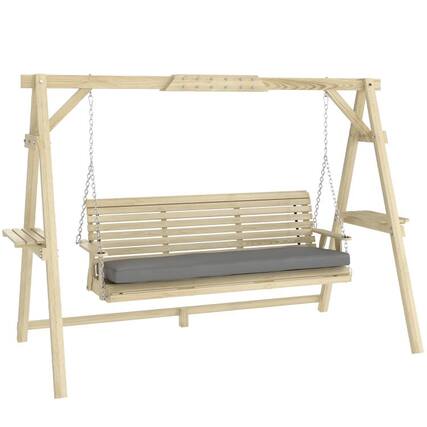 Front. PULUZ - 3 Seat Wooden Porch Swing with Stand, Patio Swing with Cushion, for Garden, Poolside, Backyard - Natural Wood.