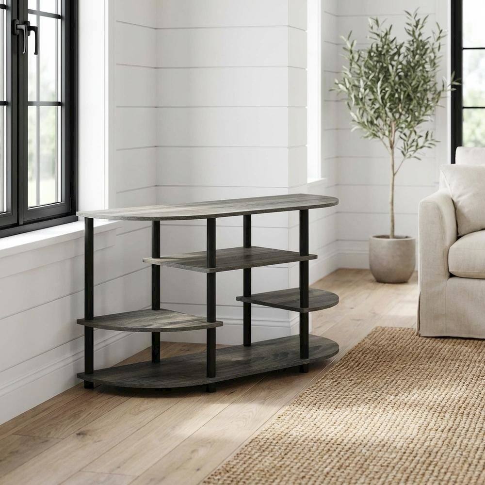 Alt View 1. FurniFact - Corner TV stand in French Oak Grey/Black, durable composite wood, plastic - Gray Black.