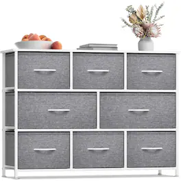 Sorbus - 8 Drawers Wide Dresser - Organizer Unit with Steel Frame, Wood Top, and Handle, and Fabric Bins - White