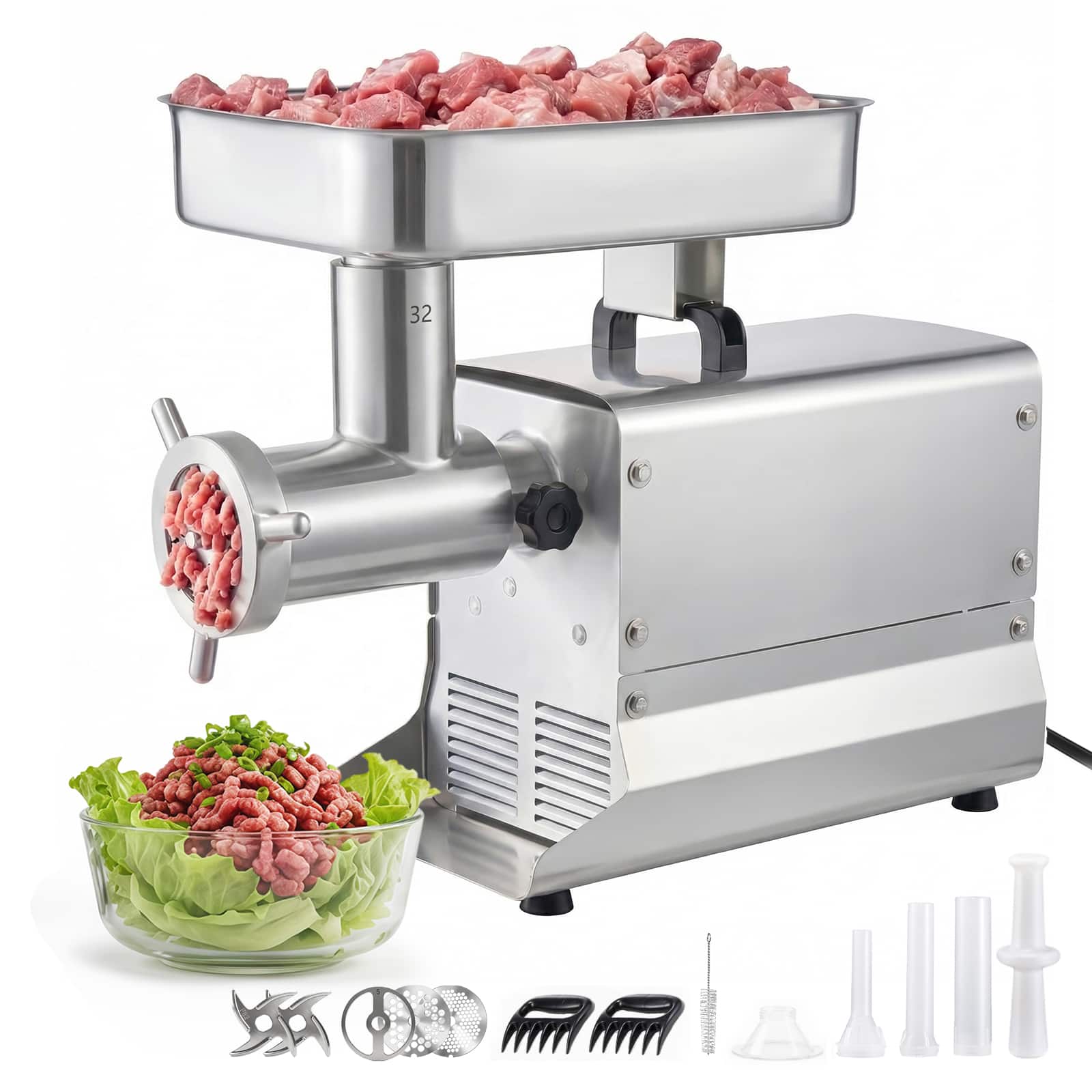 VEVOR - Commercial Meat Grinder, 21 Lbs/Min Capacity, #32 Electric Meat Mincer with 3 Plates, 3 Sausage Stuff Tubes - Silver