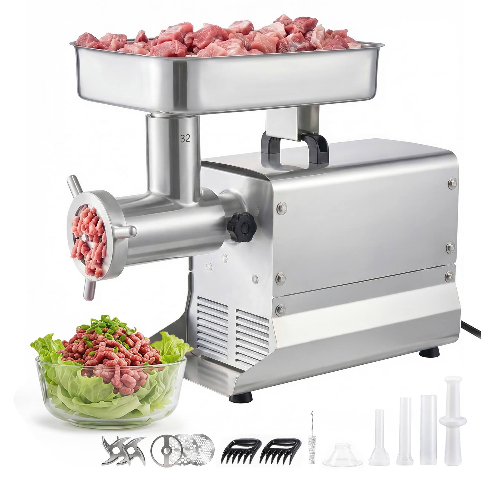 Front. VEVOR - Commercial Meat Grinder, 21 Lbs/Min Capacity, #32 Electric Meat Mincer with 3 Plates, 3 Sausage Stuff Tubes - Silver.