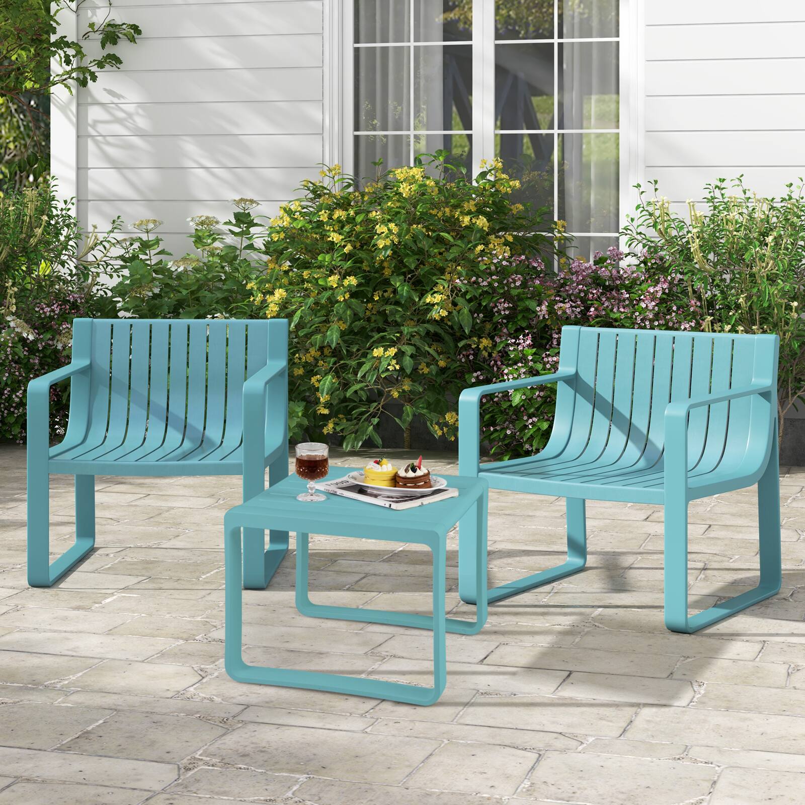 Alt View 3. Costway - Patio Chairs Set of 2 Weather-resistant Plastic Outdoor Armchairs - Blue.