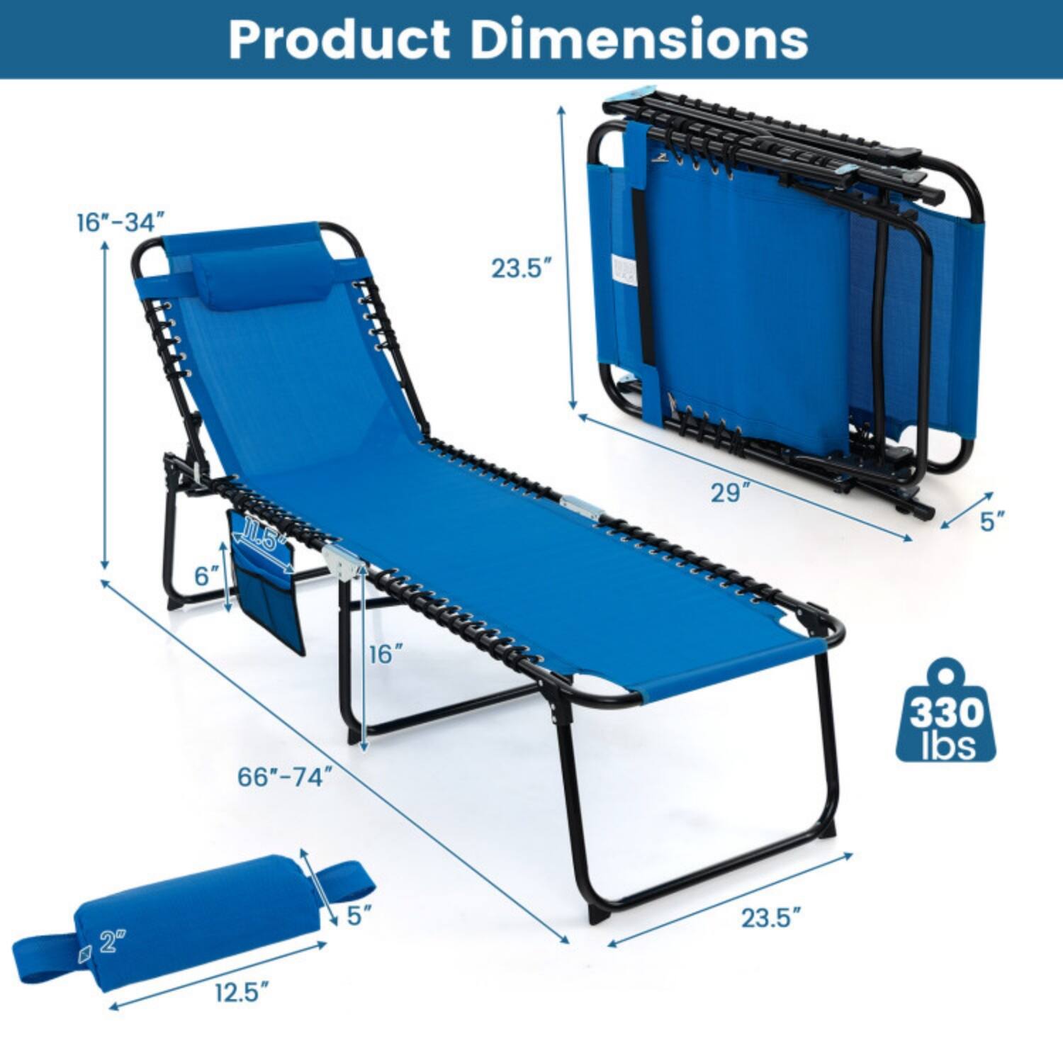 Product Dimensions:  
- 16" - 34"  
- 23.5"  
- 6"  
- 16"  
- 66" - 74"  
- 29"  
- 5"  
- 12.5"  
- 5"  
- 23.5"  
- 330 lbs