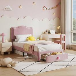 GARVEE - Upholstered Kids Bed Frame with Headboard & Storage Drawer, Velvet Toddler Platform Bed, Wood Slats - Pink