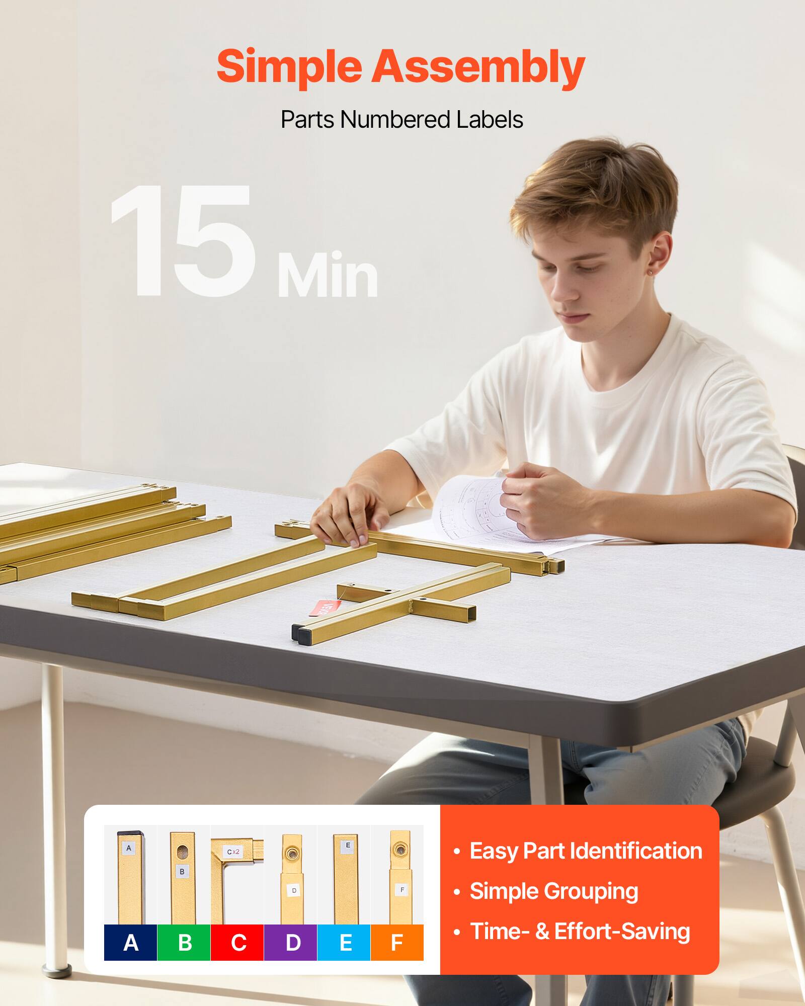 Simple Assembly  
Parts Numbered Labels  
15 Min  

- Easy Part Identification  
- Simple Grouping  
- Time- & Effort-Saving