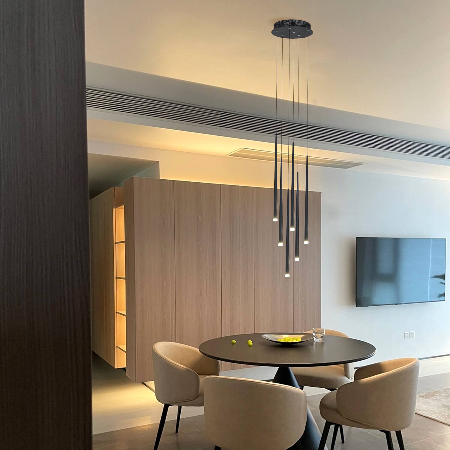 Left. Umeiluce - 6 - Light Cluster Cone LED Chandelier Pendant Kitchen Island Black Switch Dimming - Matte Black.