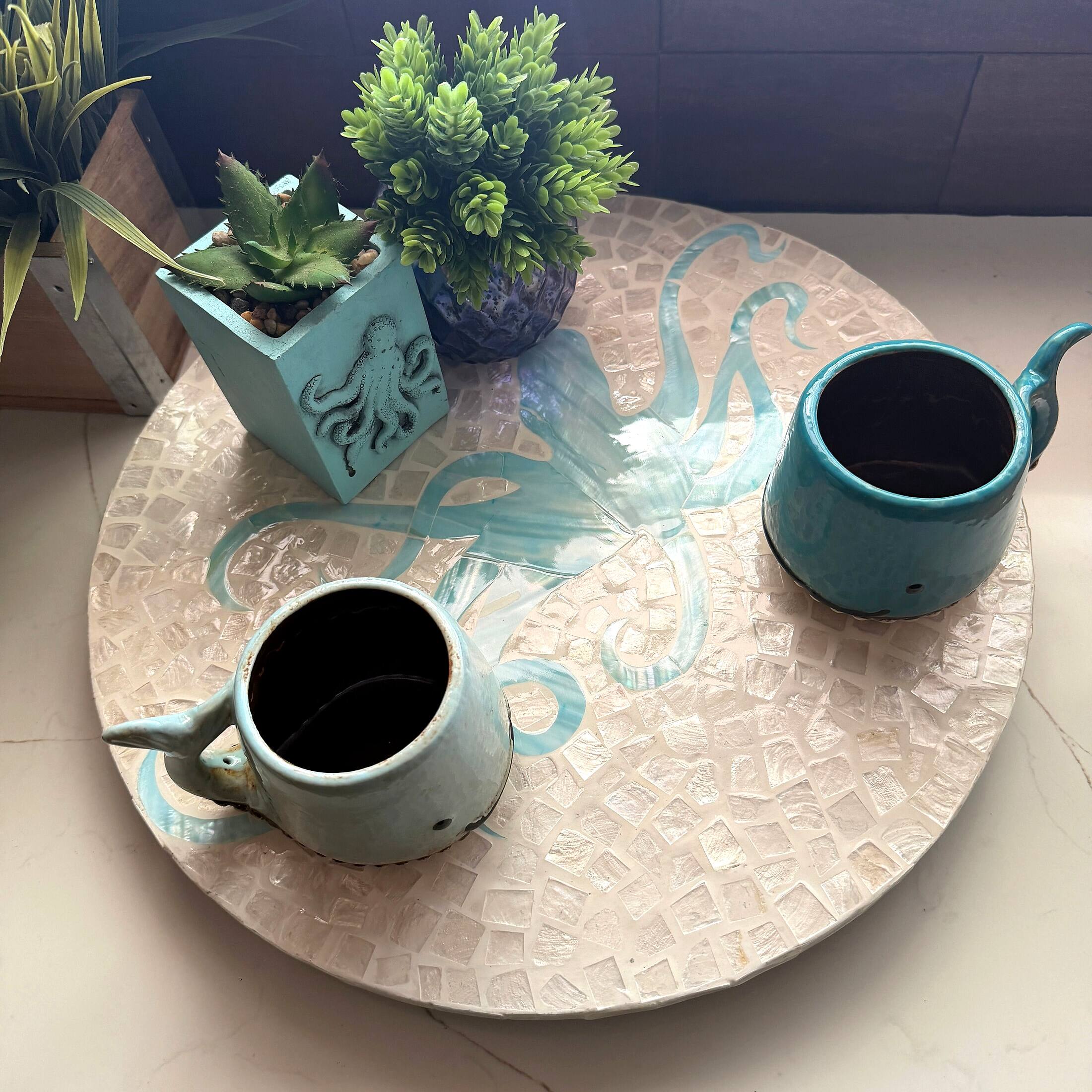 Alt View 3. Zeckos - Octopus Lazy Susan 16 in Capiz Shell Mosaic Rotating Tray Coastal Decor - Light Blue.
