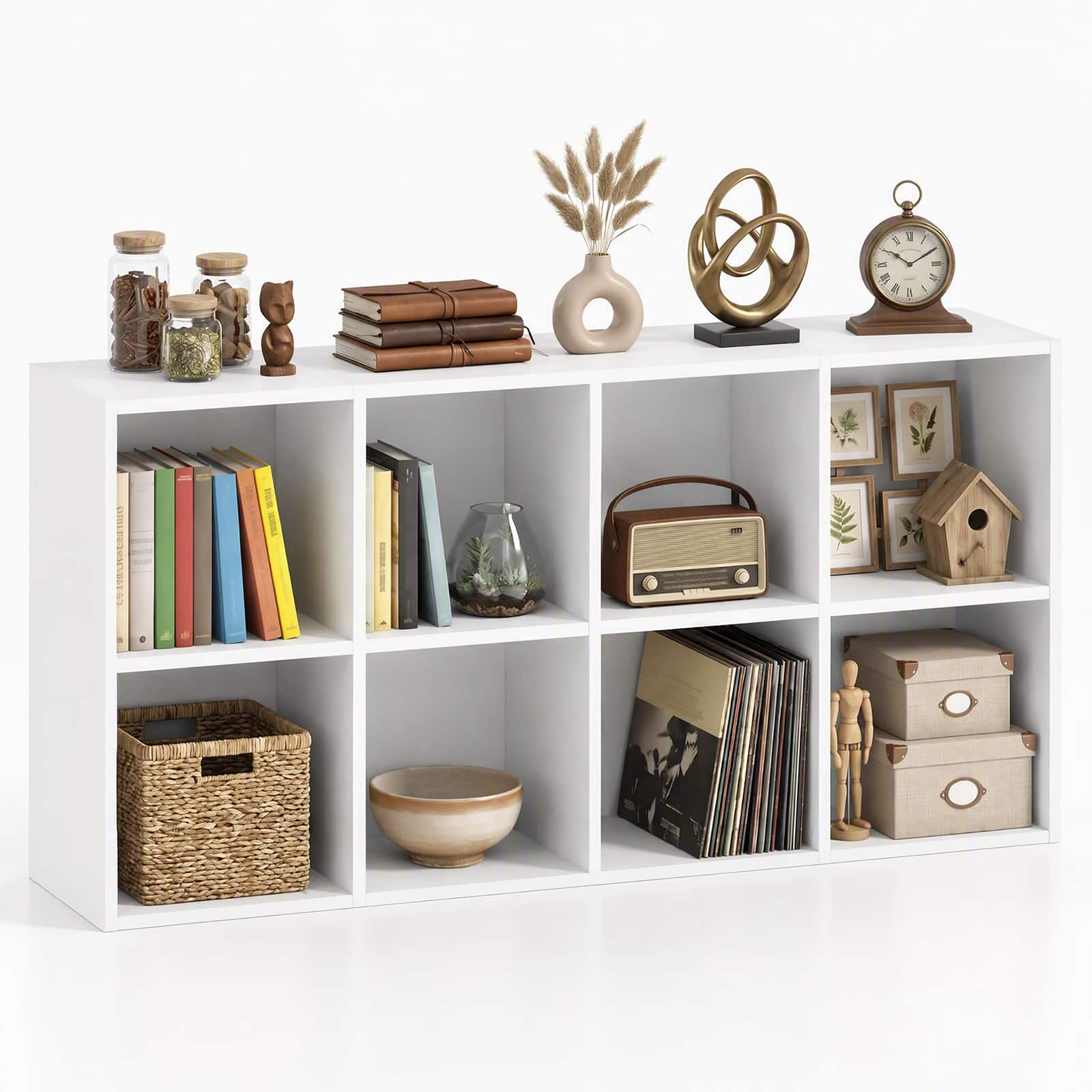 Costway - 8-Cube Bookcase Bookshelf with 2 Anti-Tipping Kits Storage Organizer Rustic - White