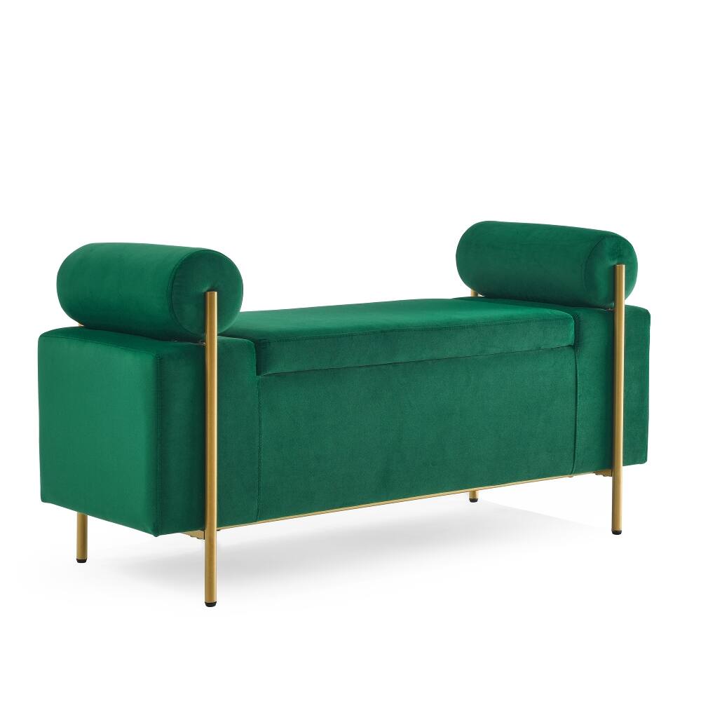 Alt View 8. Ropilly - Ropilly Green Velvet Storage Bench, Upholstered Ottoman with Cylindrical Arms and Gold Legs for Bedroom Hallway - Green.