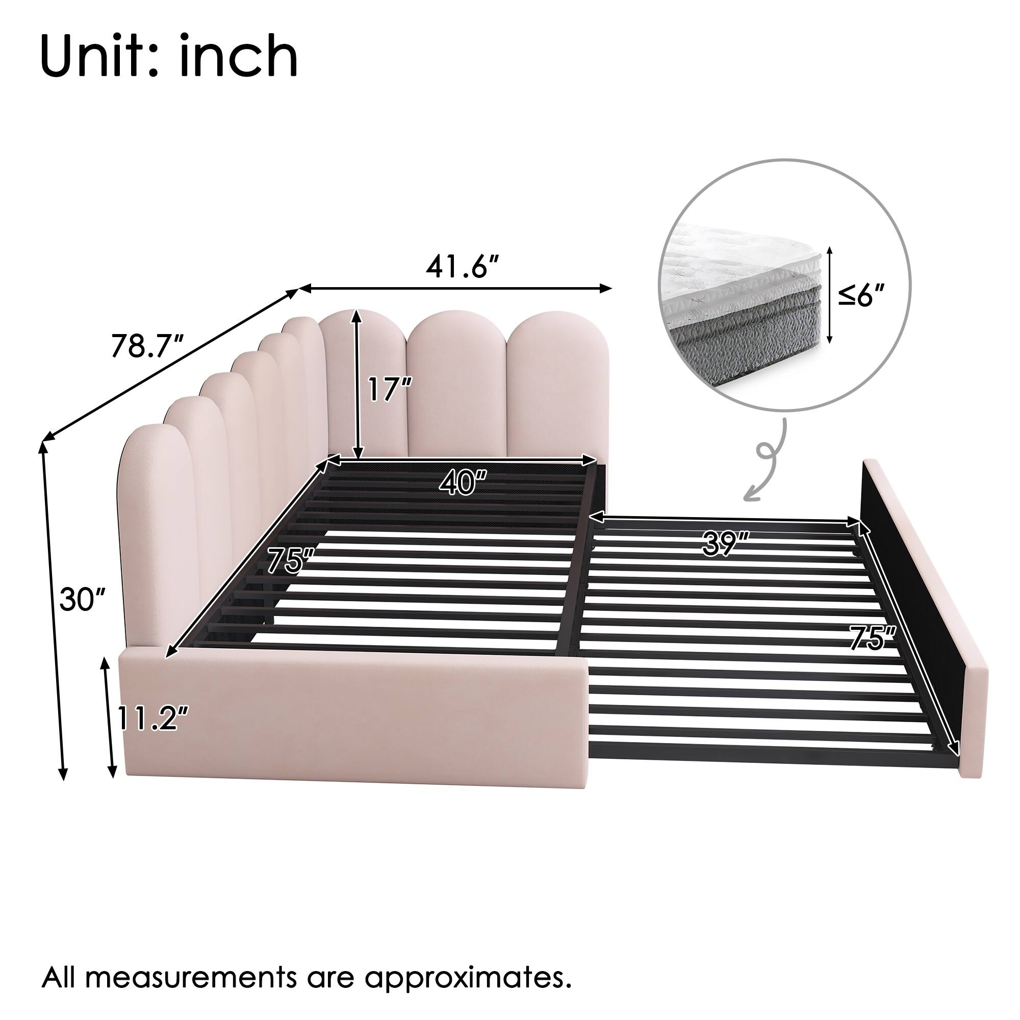 Unit: inch  
78.7"  
41.6"  
17"  
56"  
40"  
30"  
75"  
39"  
75"  
11.2"  

All measurements are approximates.