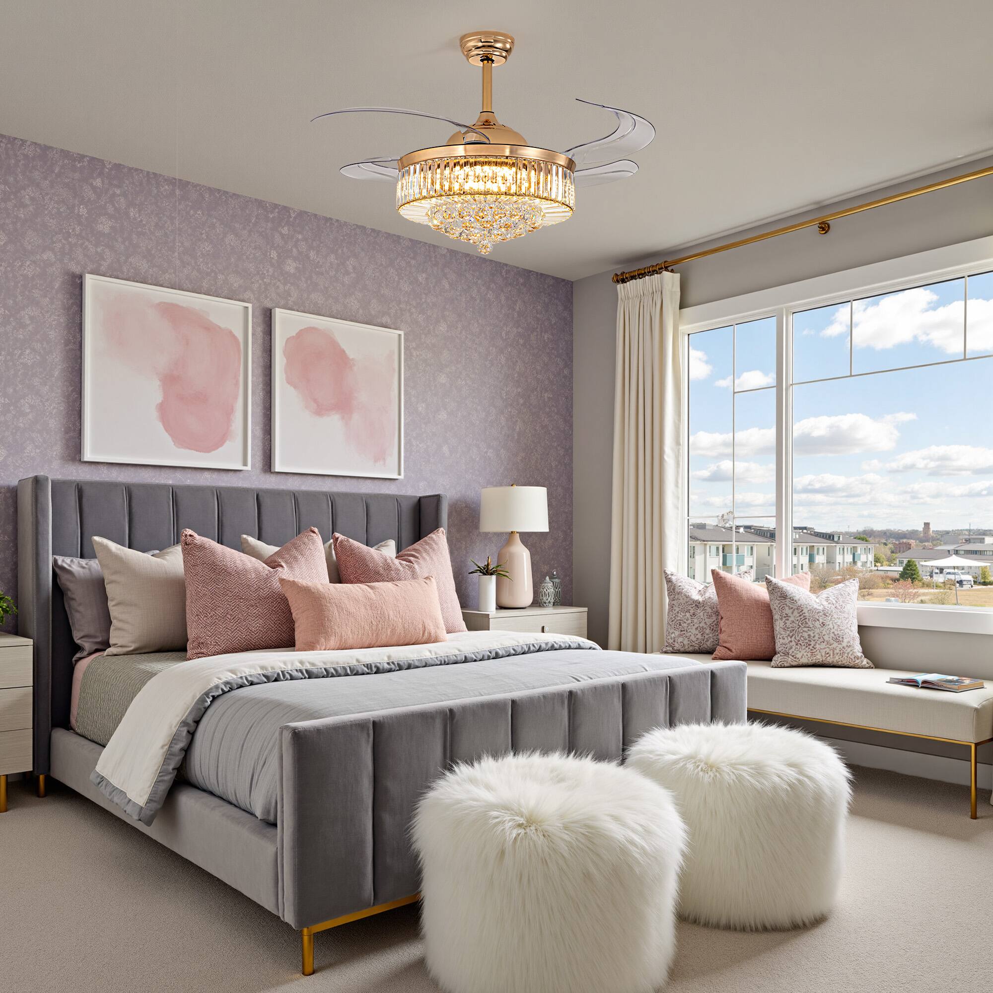 Alt View 8. Siljoy - 48-Inch Gold Modern Crystal Retractable Ceiling Fan with LED Light for Living Room Bedroom Kitchen - Gold.