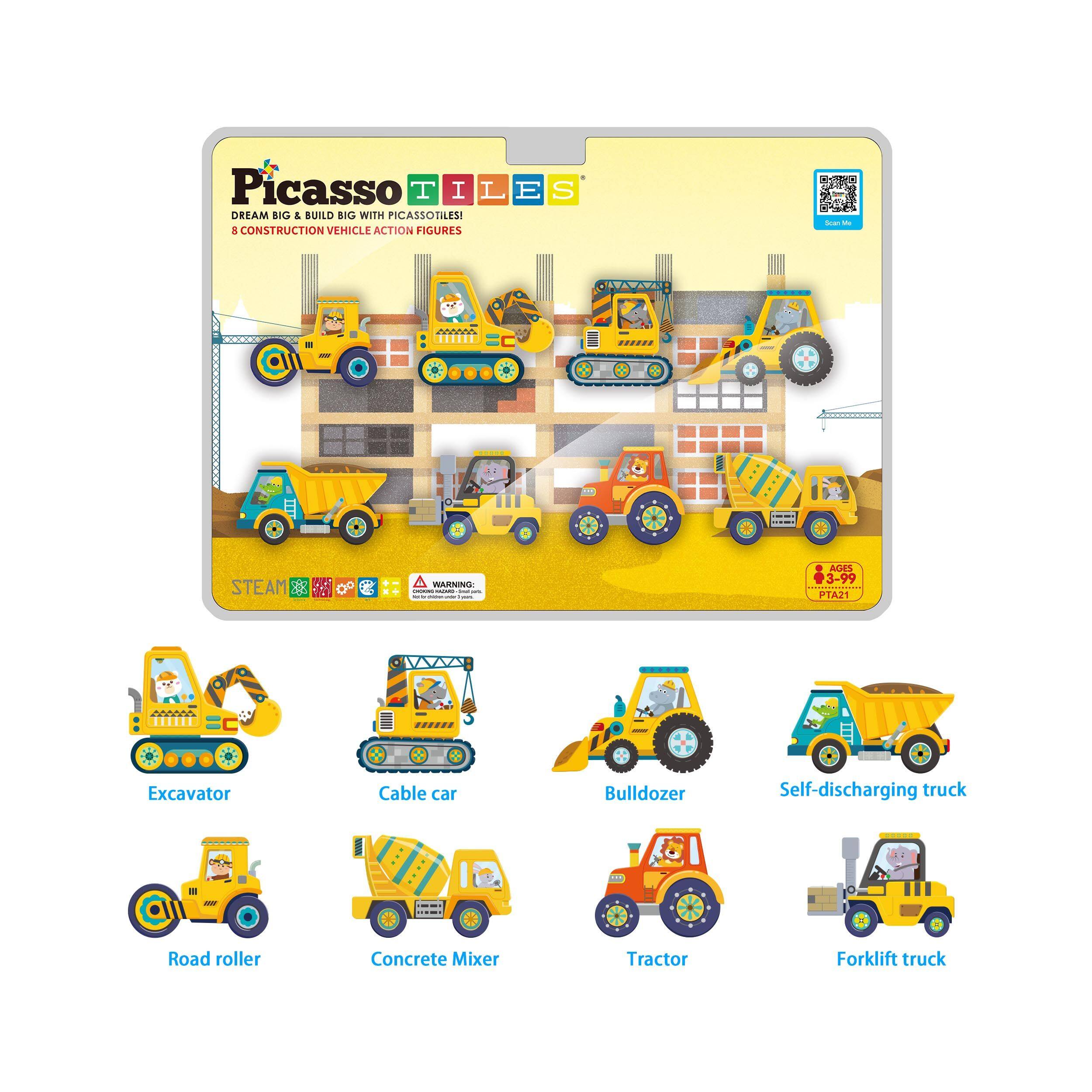 PicassoTiles - PICASSO-TILES Construction Truck Vehicle for Magnetic Tiles, STEM Building Blocks Educational Toy, 8PCS - Multicolor